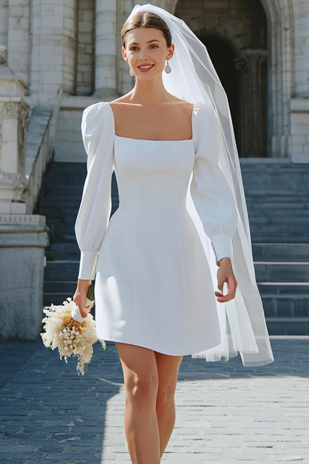 Robe de fiançailles en satin ivoire trapèze à encolure carrée