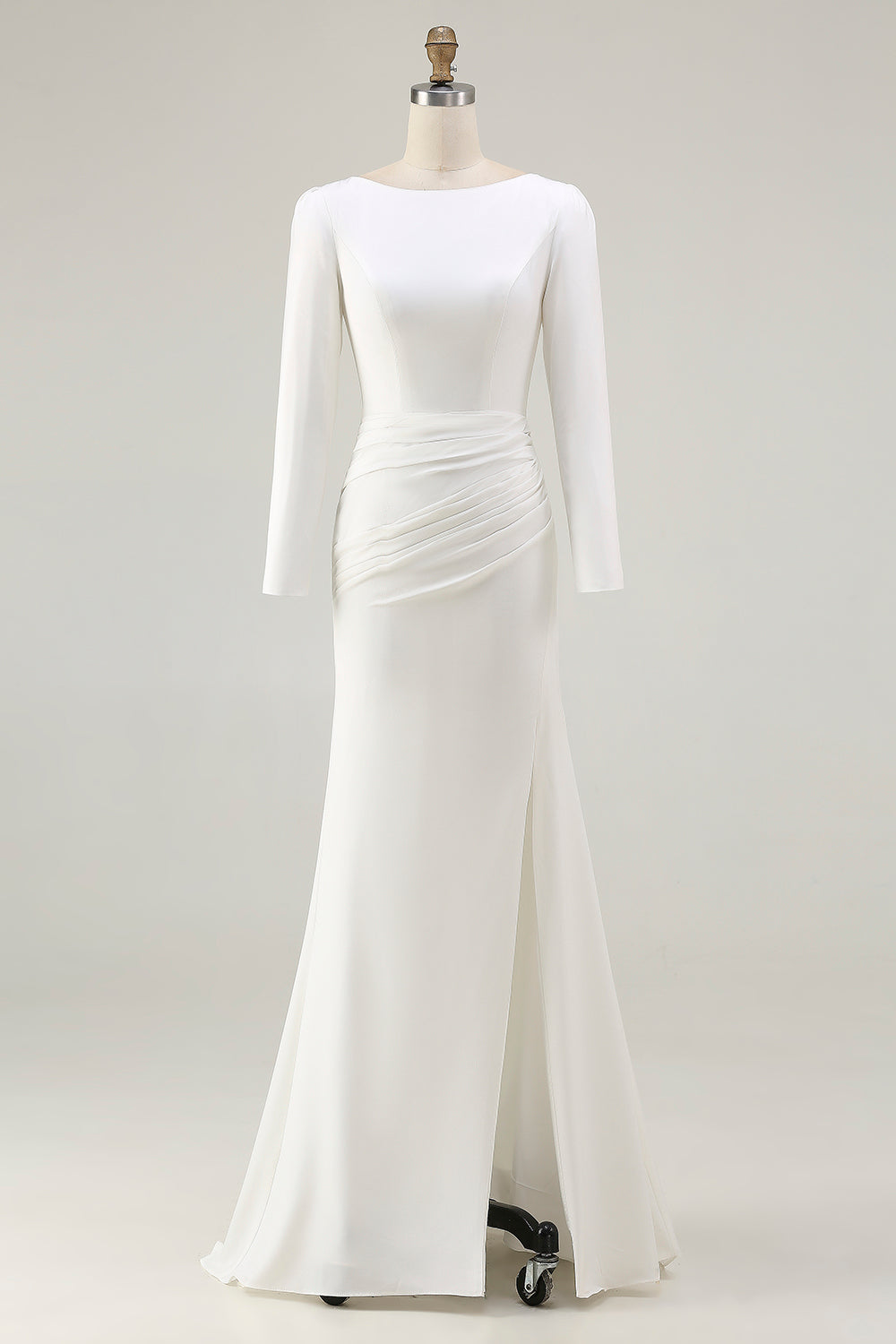 Ivory Bateau Neck Bodycon Satin Wedding Dress with Slit