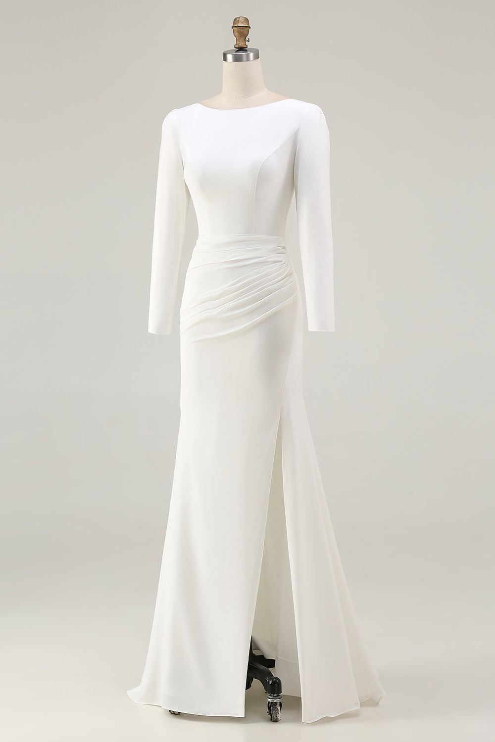 Ivory Bateau Neck Bodycon Satin Wedding Dress with Slit