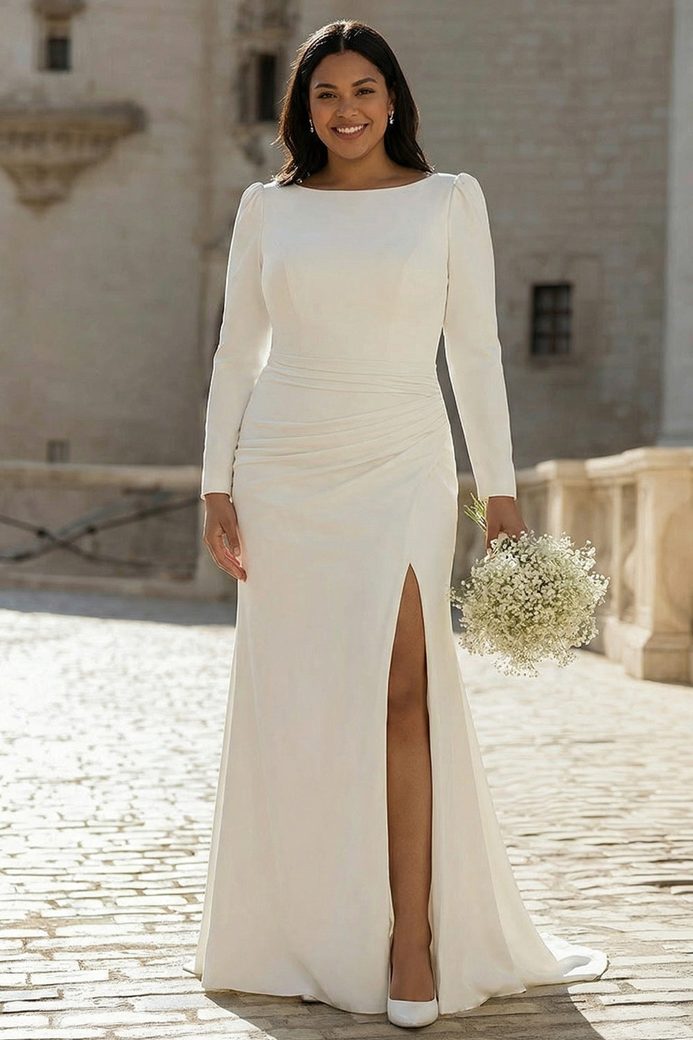 Ivory Bateau Neck Bodycon Satin Wedding Dress with Slit