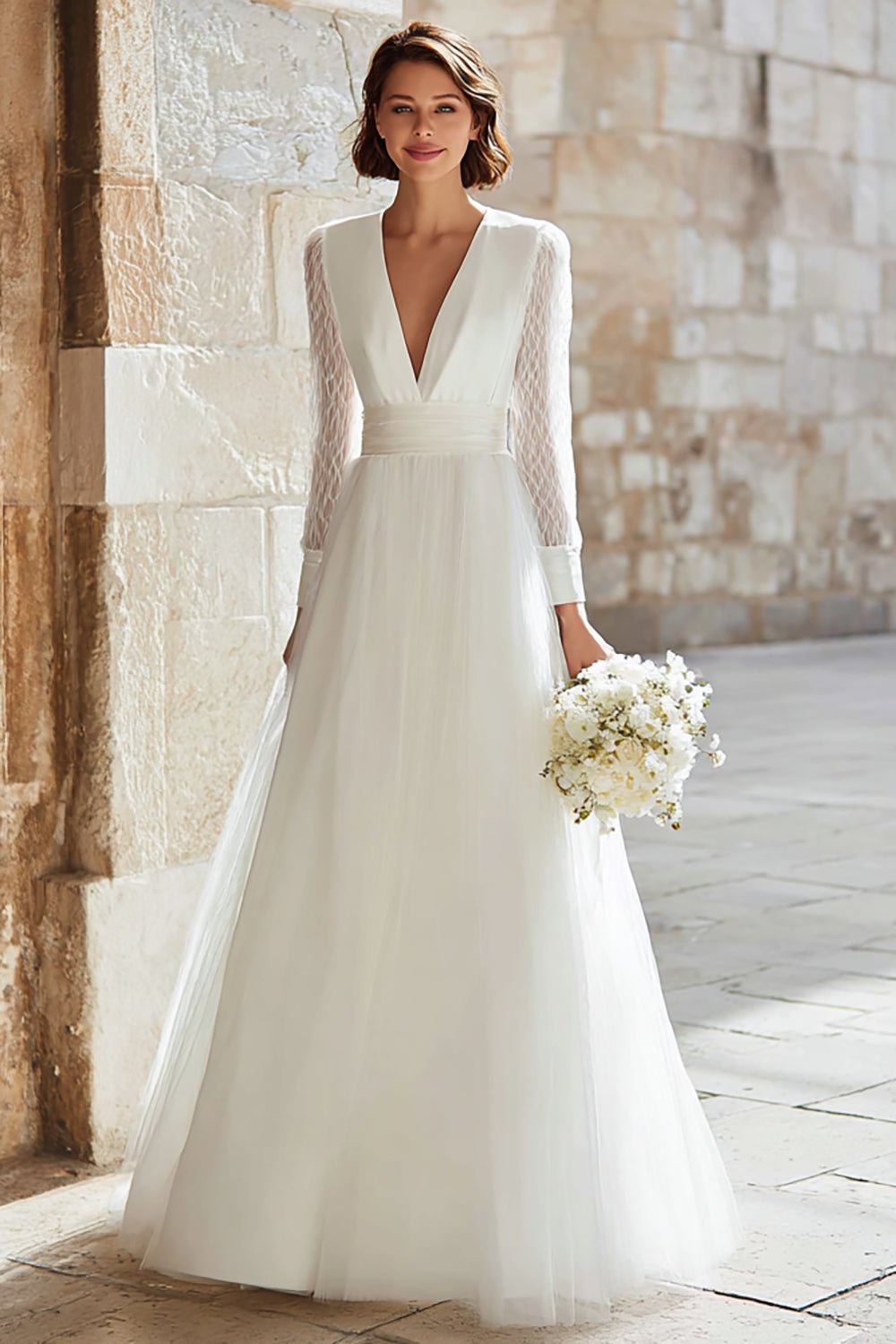 Ivory Long Deep V-Neck A Line Wedding Dress with Tulle