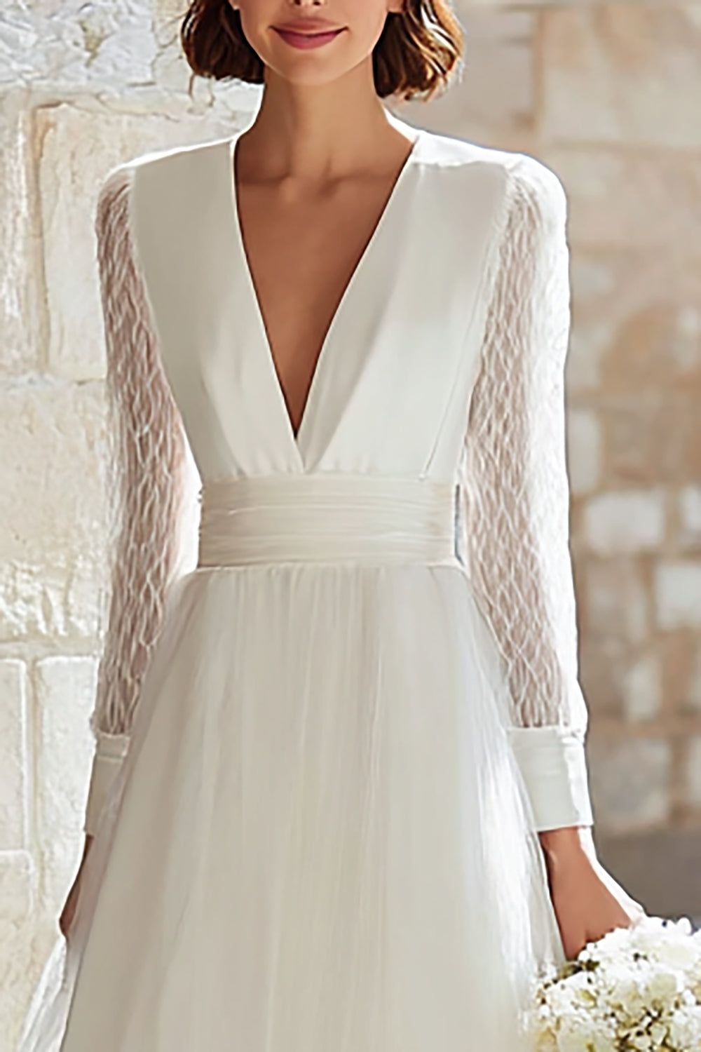Ivory Long Deep V-Neck A Line Wedding Dress with Tulle