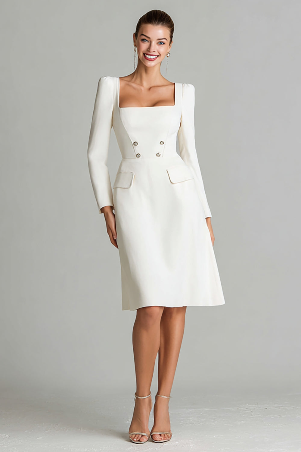 Ivory A Line Square Neck Midi Work Dress
