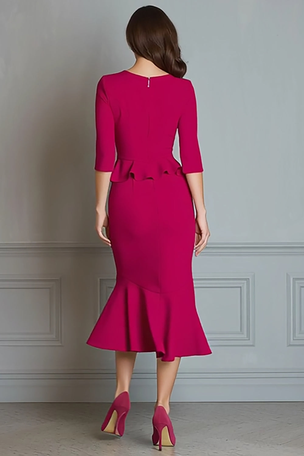 Fuchsia V Neck Mermaid Midi Work Dress with Sleeve