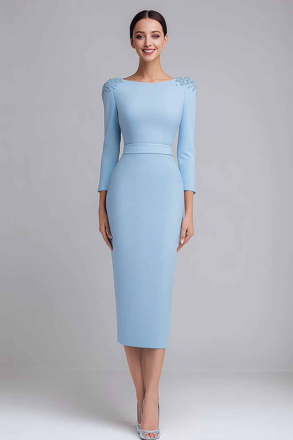 Robe de travail mi-longue fourreau en satin bleu clair