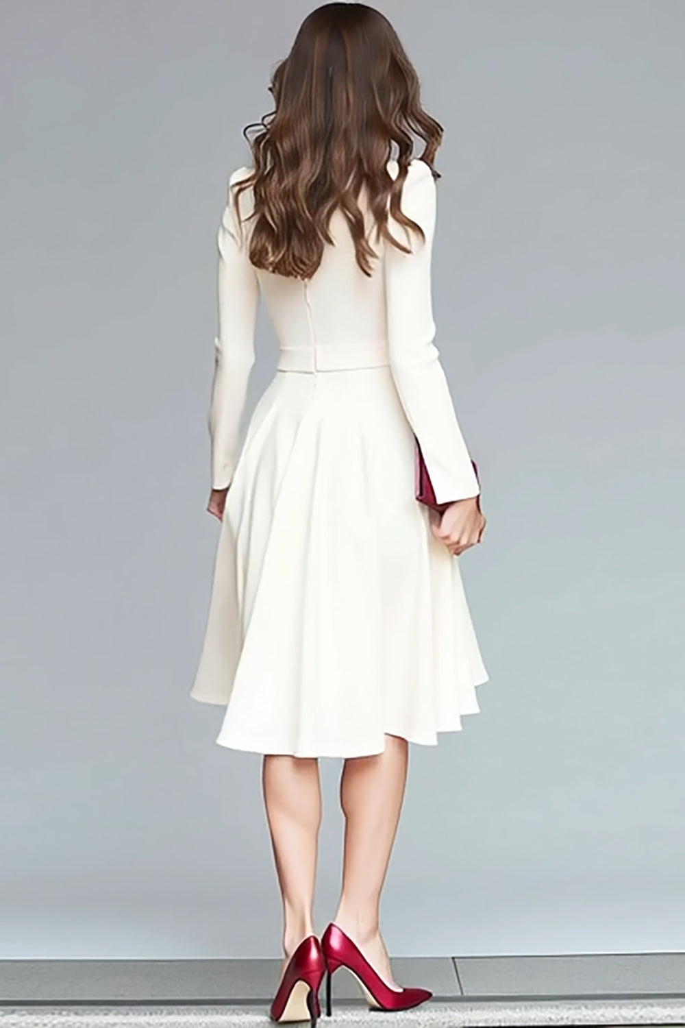 Ivory Ruffled A Line V Neck Midi Work Dress with Belt