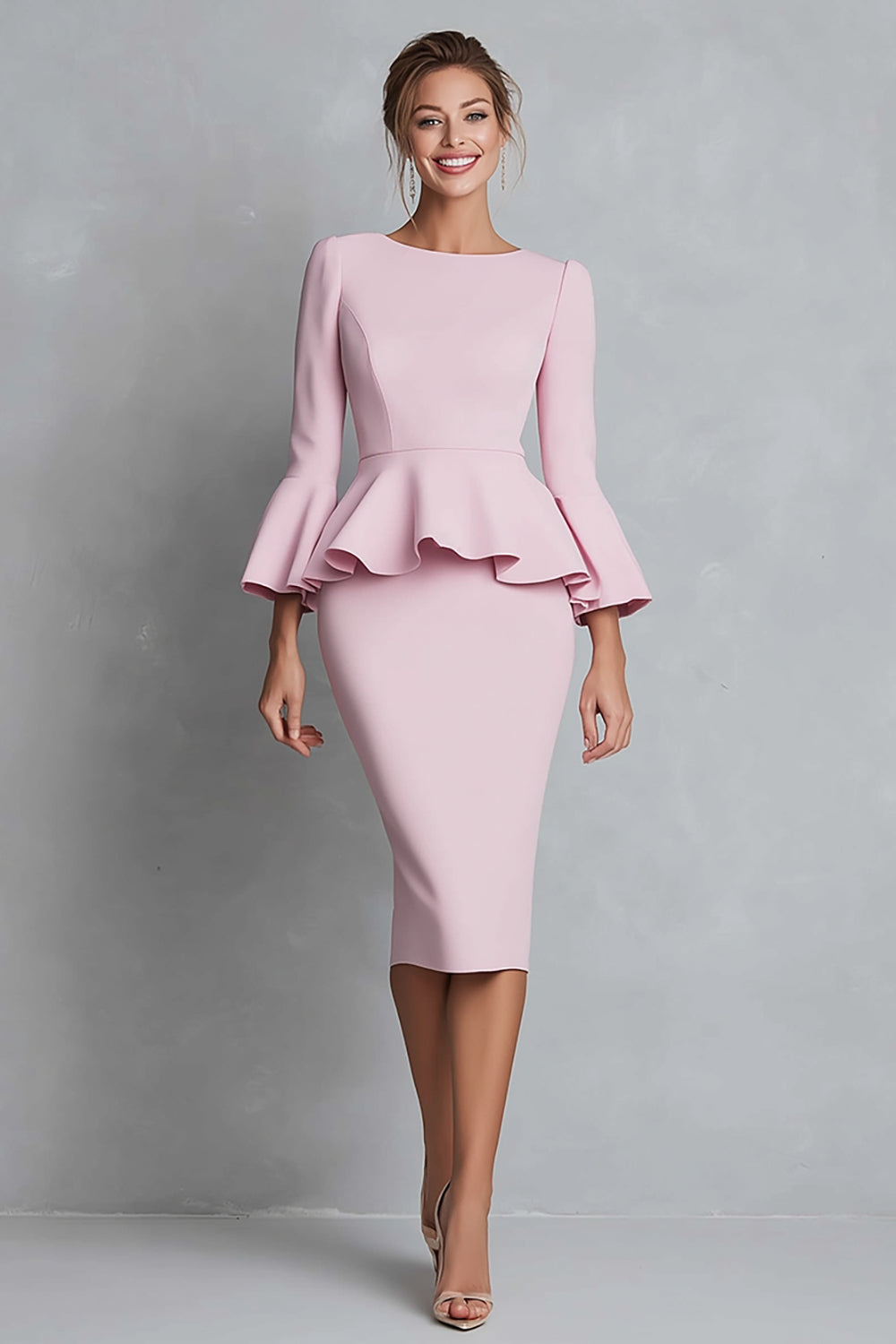 Pink Ruffled Sheath Work Dress with Sleeve