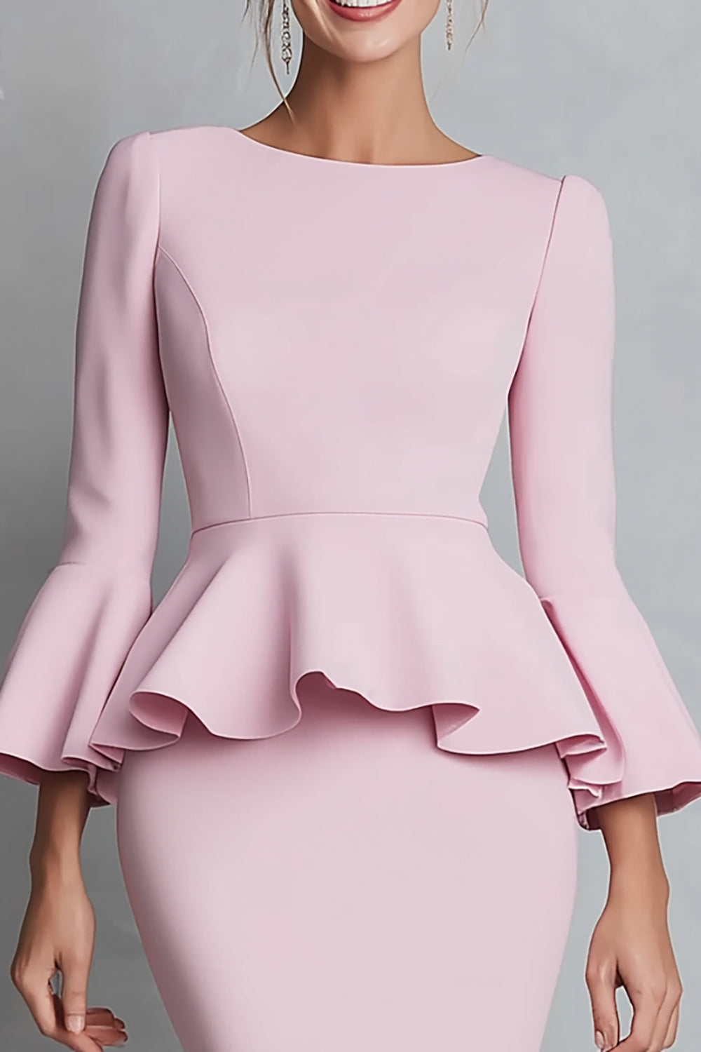 Pink Ruffled Sheath Work Dress with Sleeve
