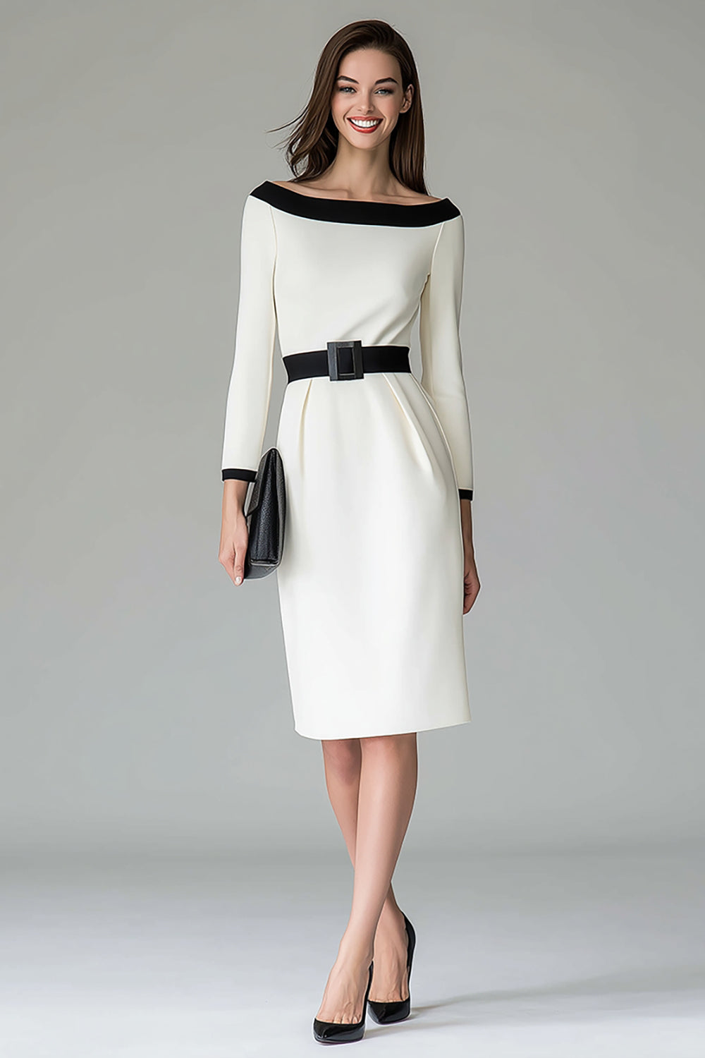 Black White Off the Shouder Sheath Midi Work Dress