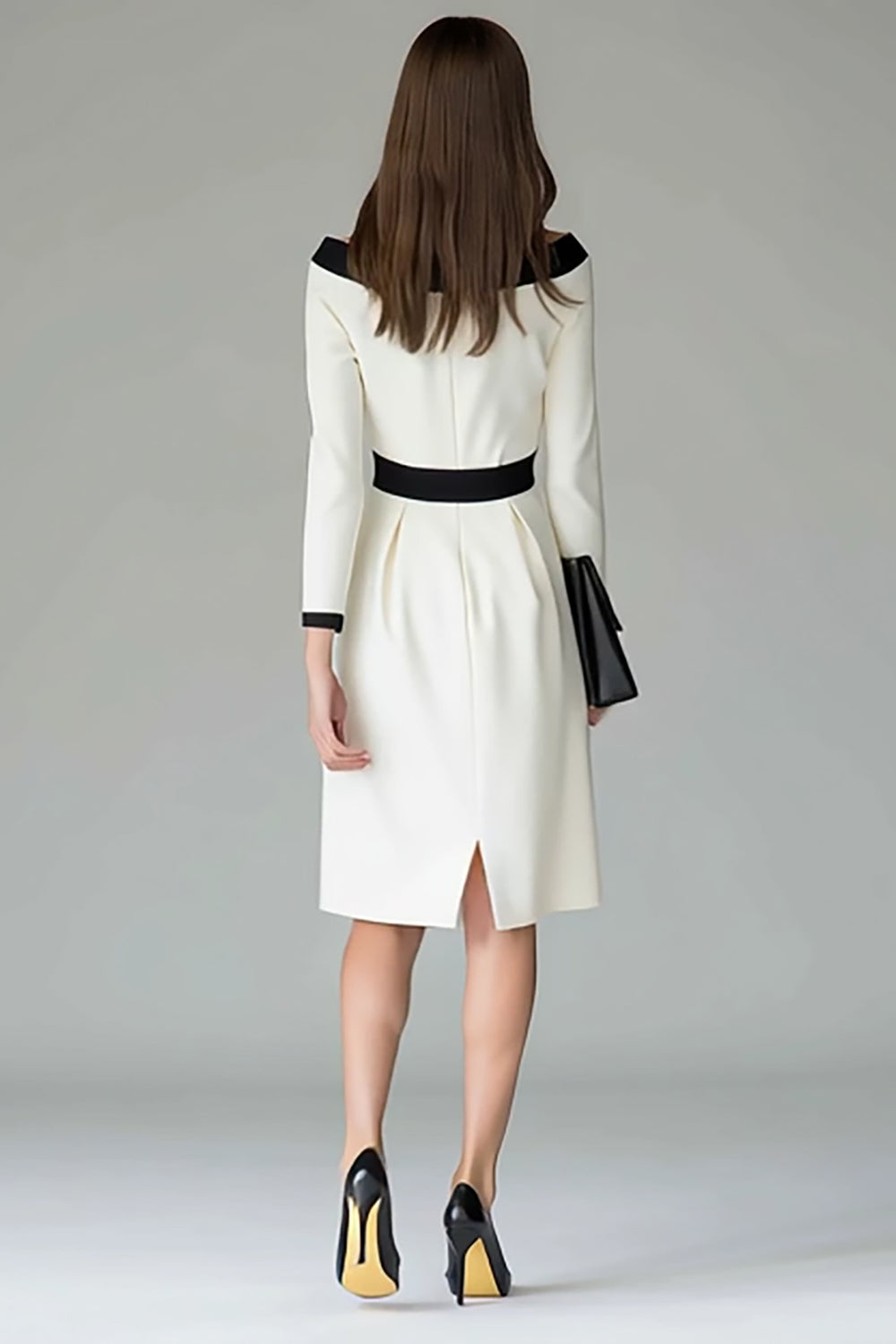 Black White Off the Shouder Sheath Midi Work Dress