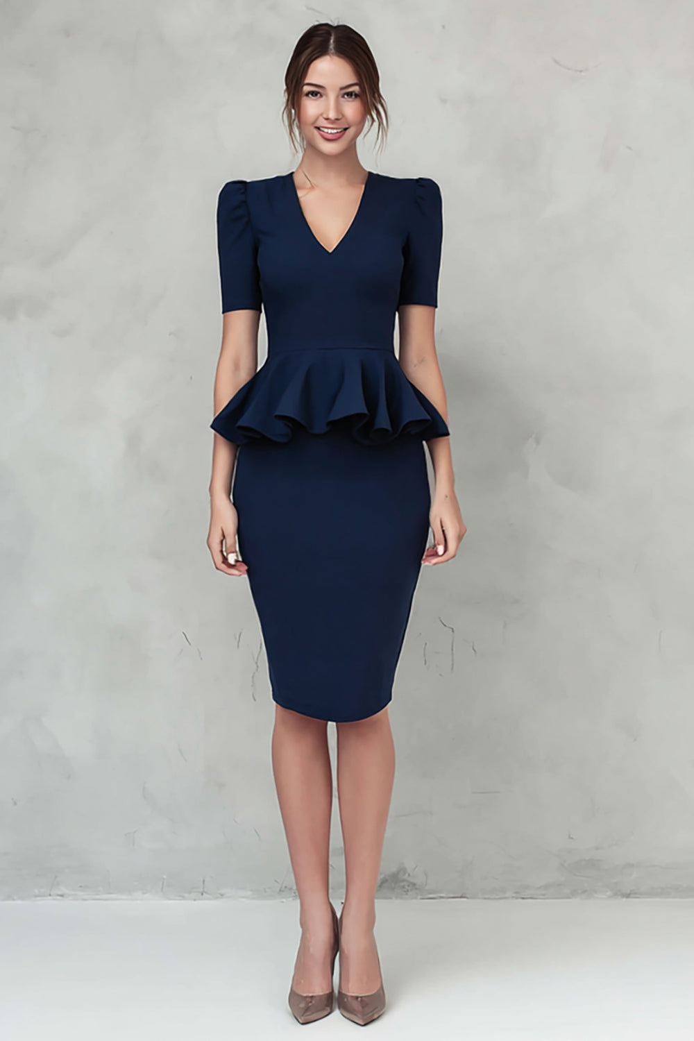Ruffled V Neck Navy Sheath Midi Work Dress