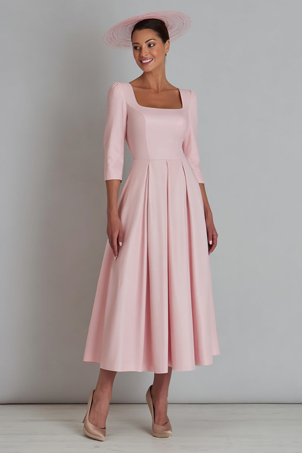 Pink Square Neck A Line Satin Work Dress with Sleeve