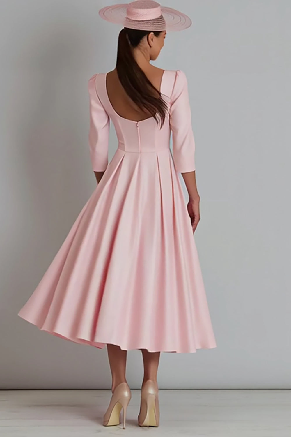 Pink Square Neck A Line Satin Work Dress with Sleeve