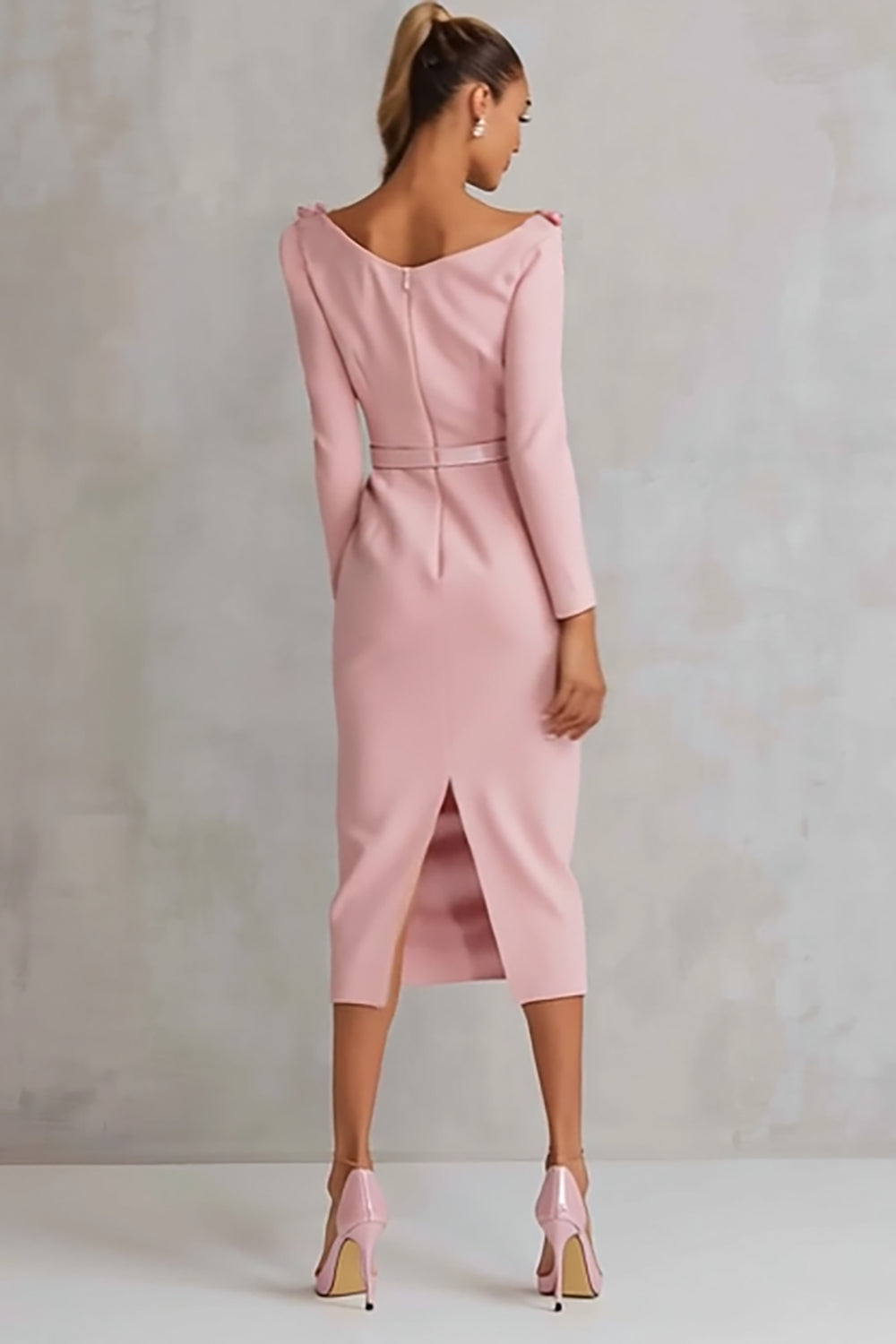 Pink Boat Neck Sheath Appliques Midi Work Dress