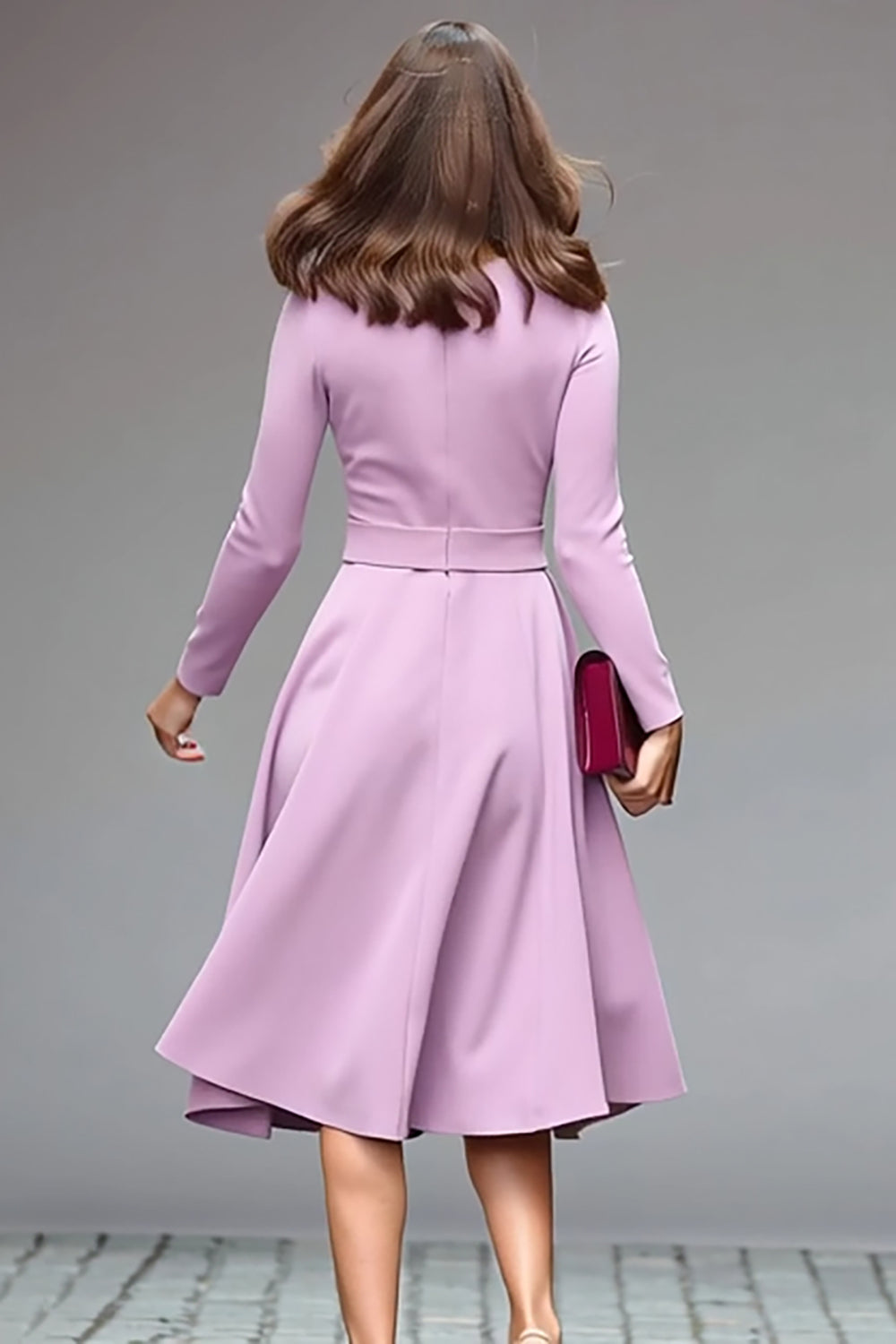 Robe de travail midi évasée à col rond lilas avec ceinture