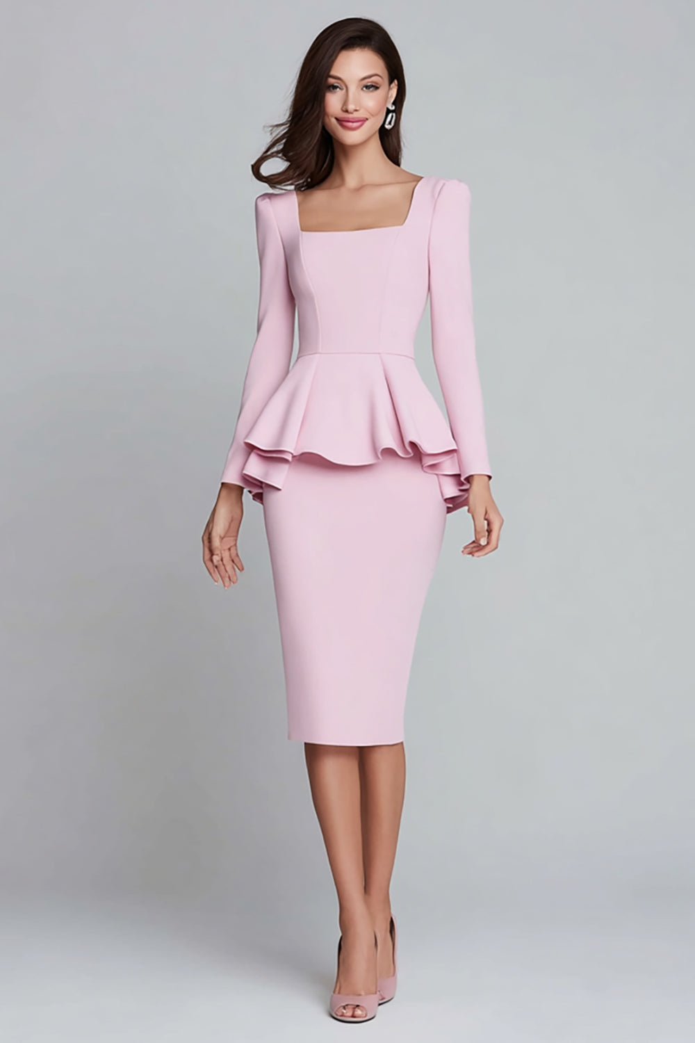 Pink Ruffled Sheath Square Neck Midi Work Dress