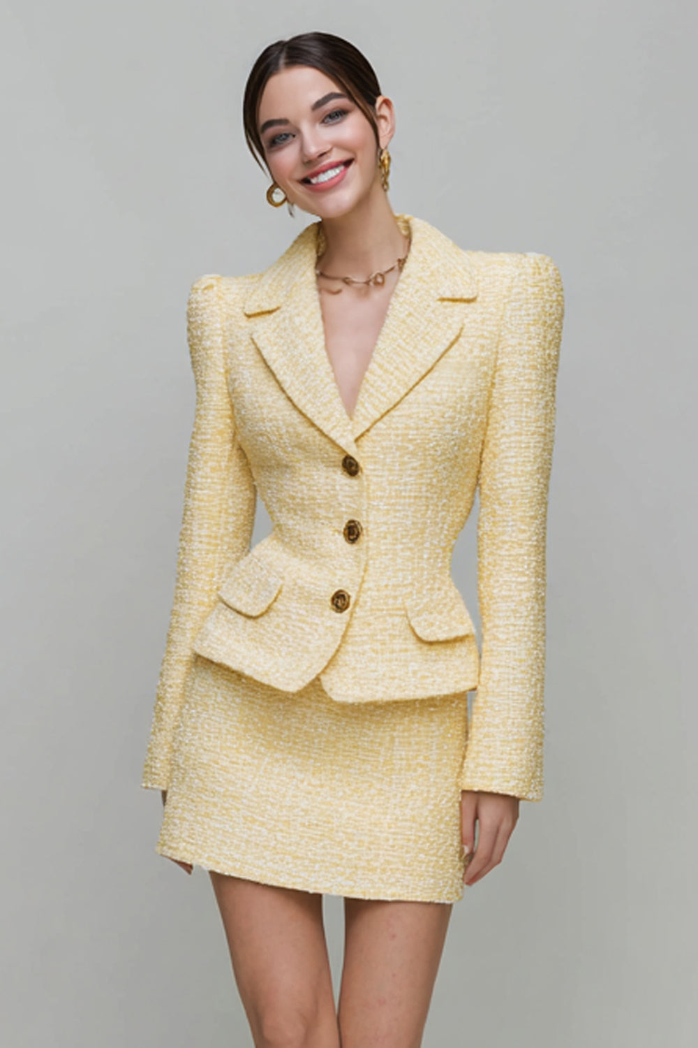 Light Yellow 2 Piece Notched Lapel Pencil Tweed Short Blazer Dress with Sleeves