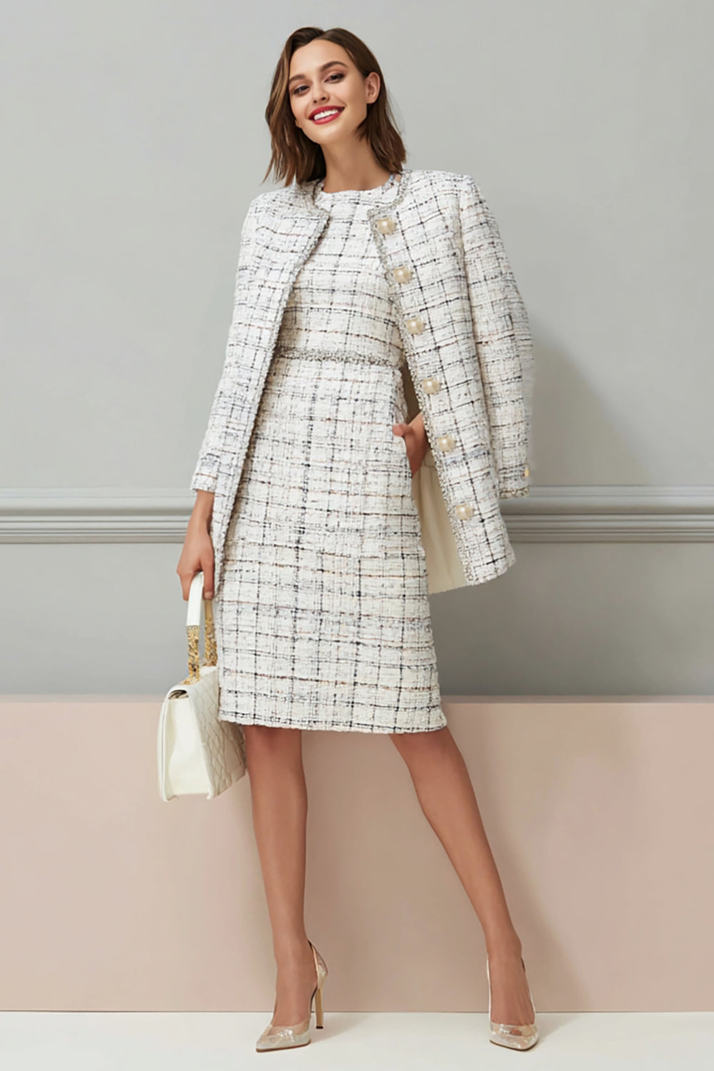 Mix Black Grid Tweed 2 Piece Midi Work Dress