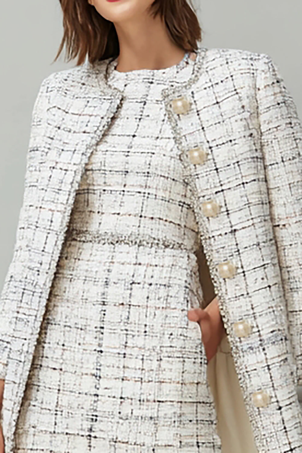 Mix Black Grid Tweed 2 Piece Midi Work Dress