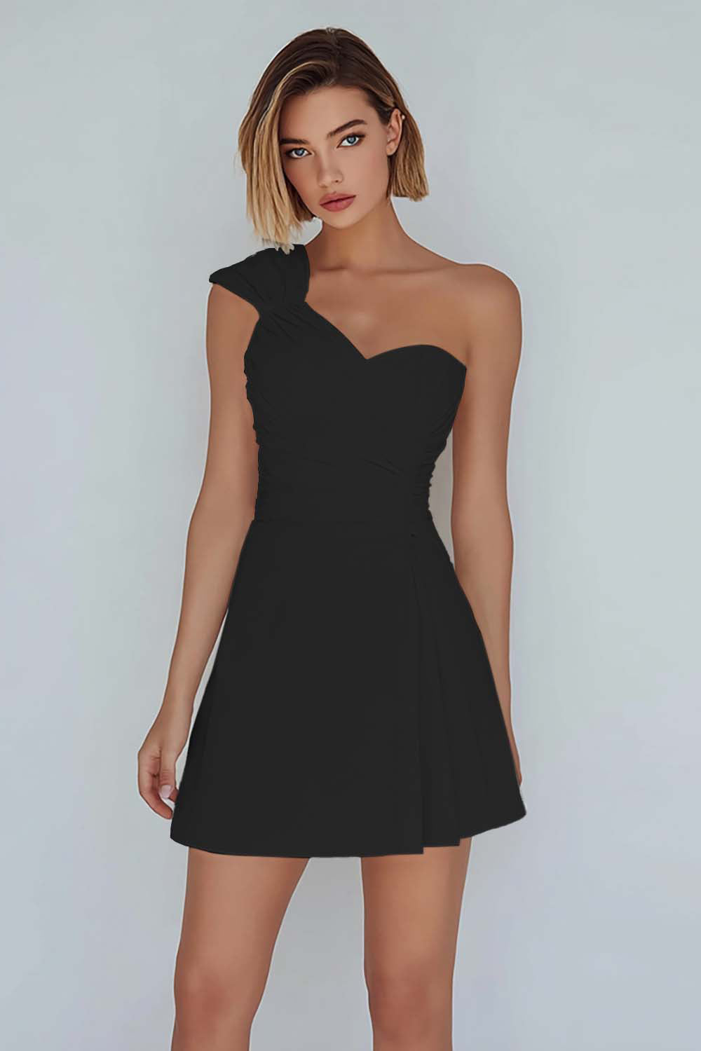 One Shoulder A-Line Ruched Little White Dress