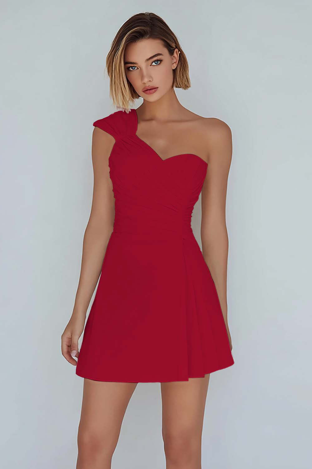 One Shoulder A-Line Ruched Little White Dress