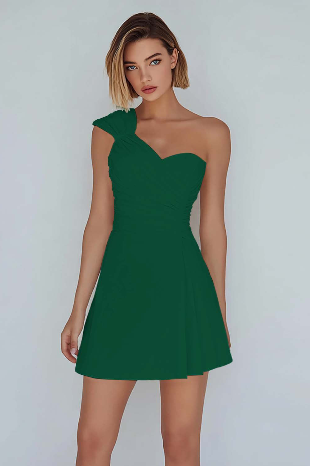 One Shoulder A-Line Ruched Little White Dress