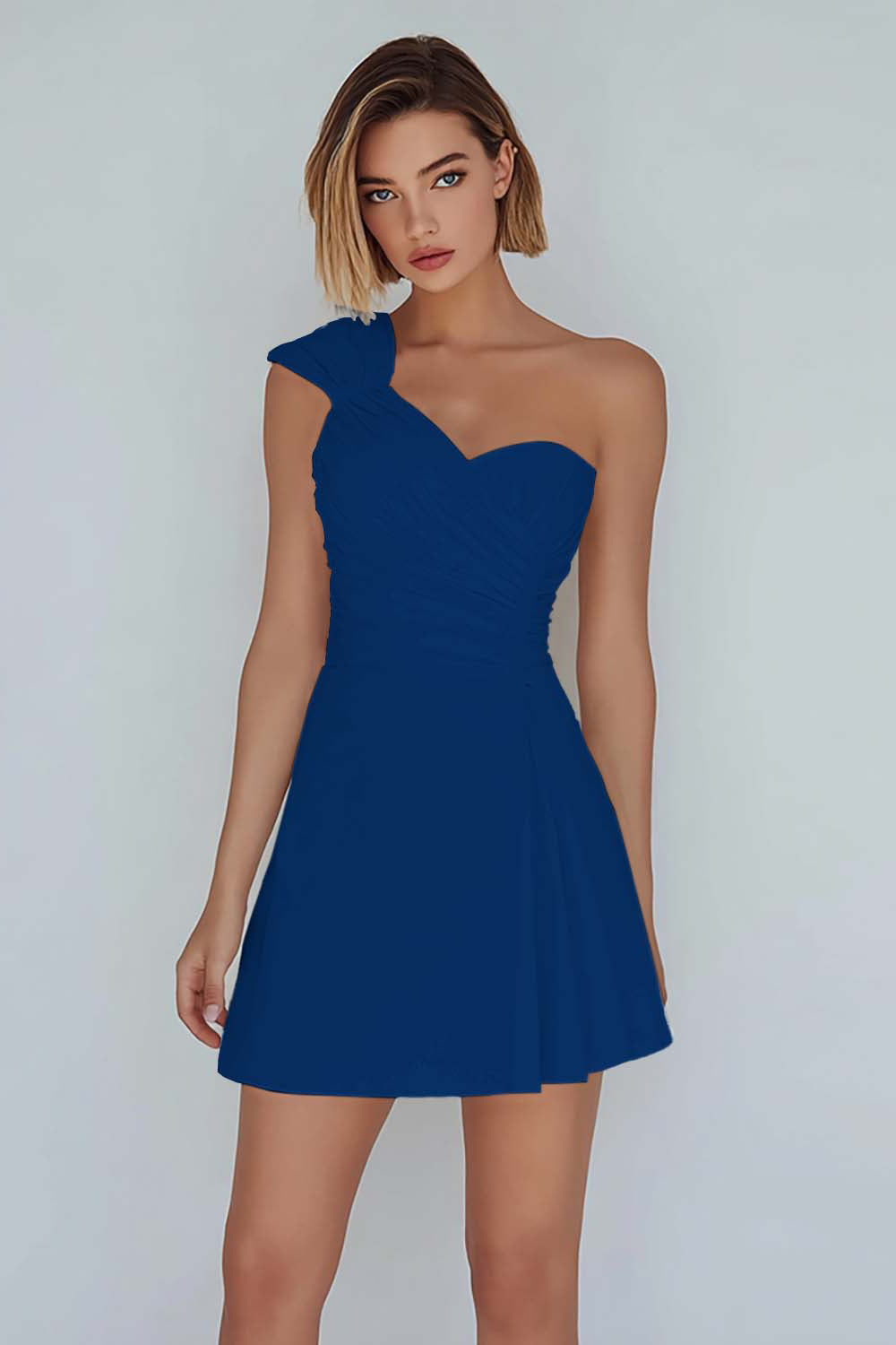 One Shoulder A-Line Ruched Little White Dress