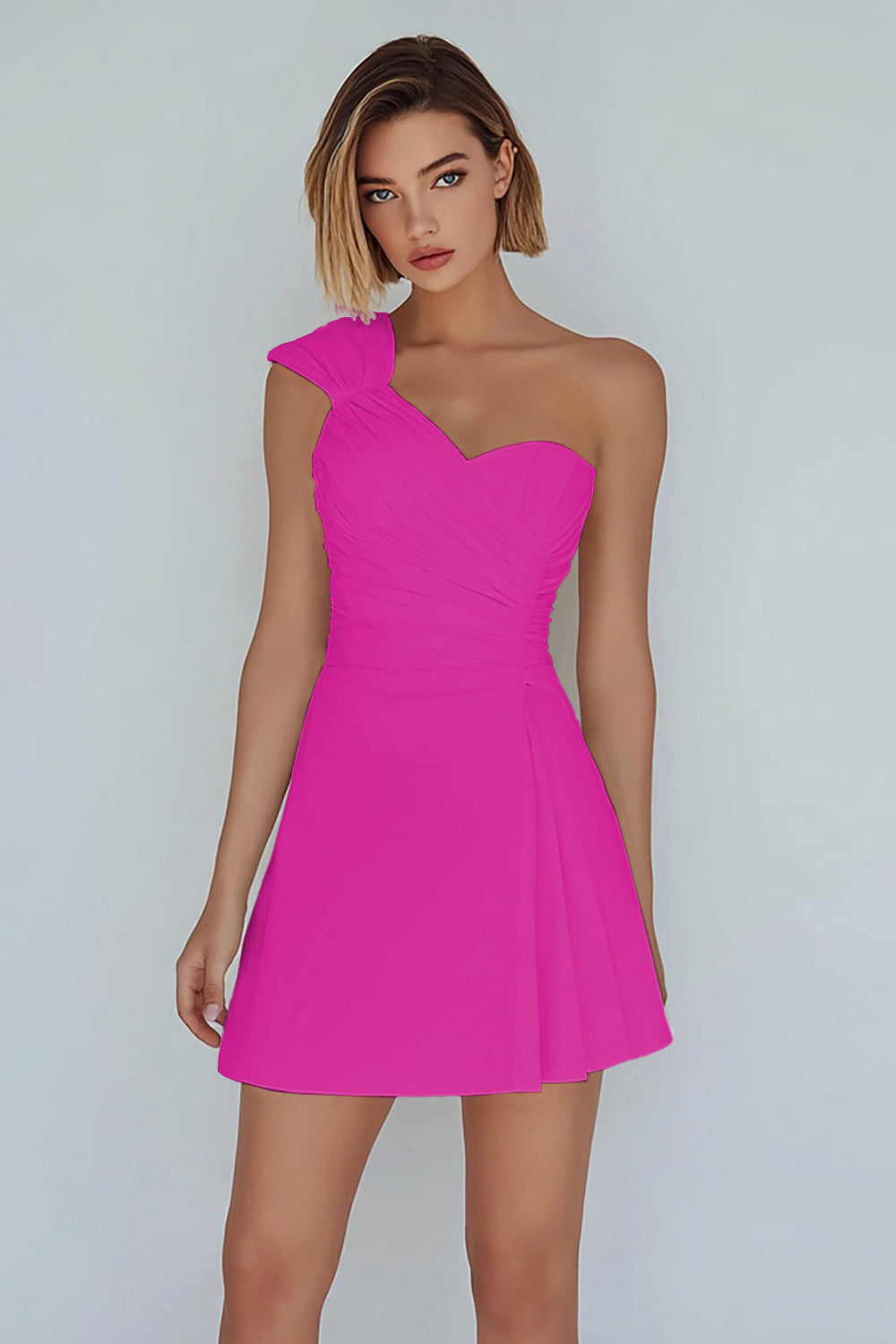One Shoulder A-Line Ruched Little White Dress