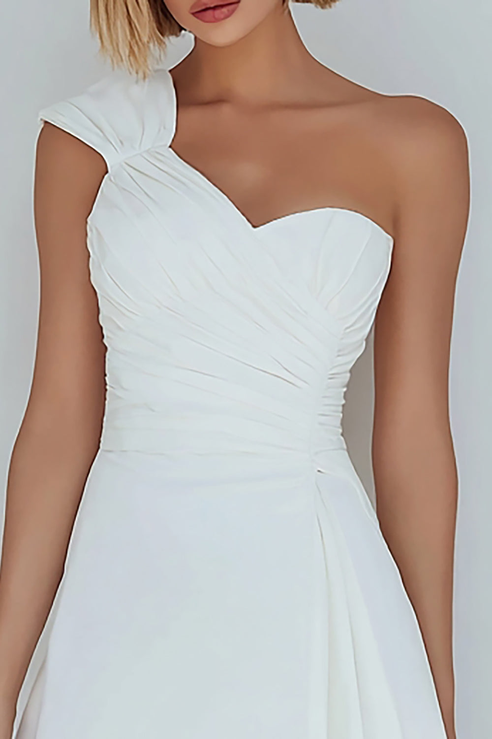One Shoulder A-Line Ruched Little White Dress