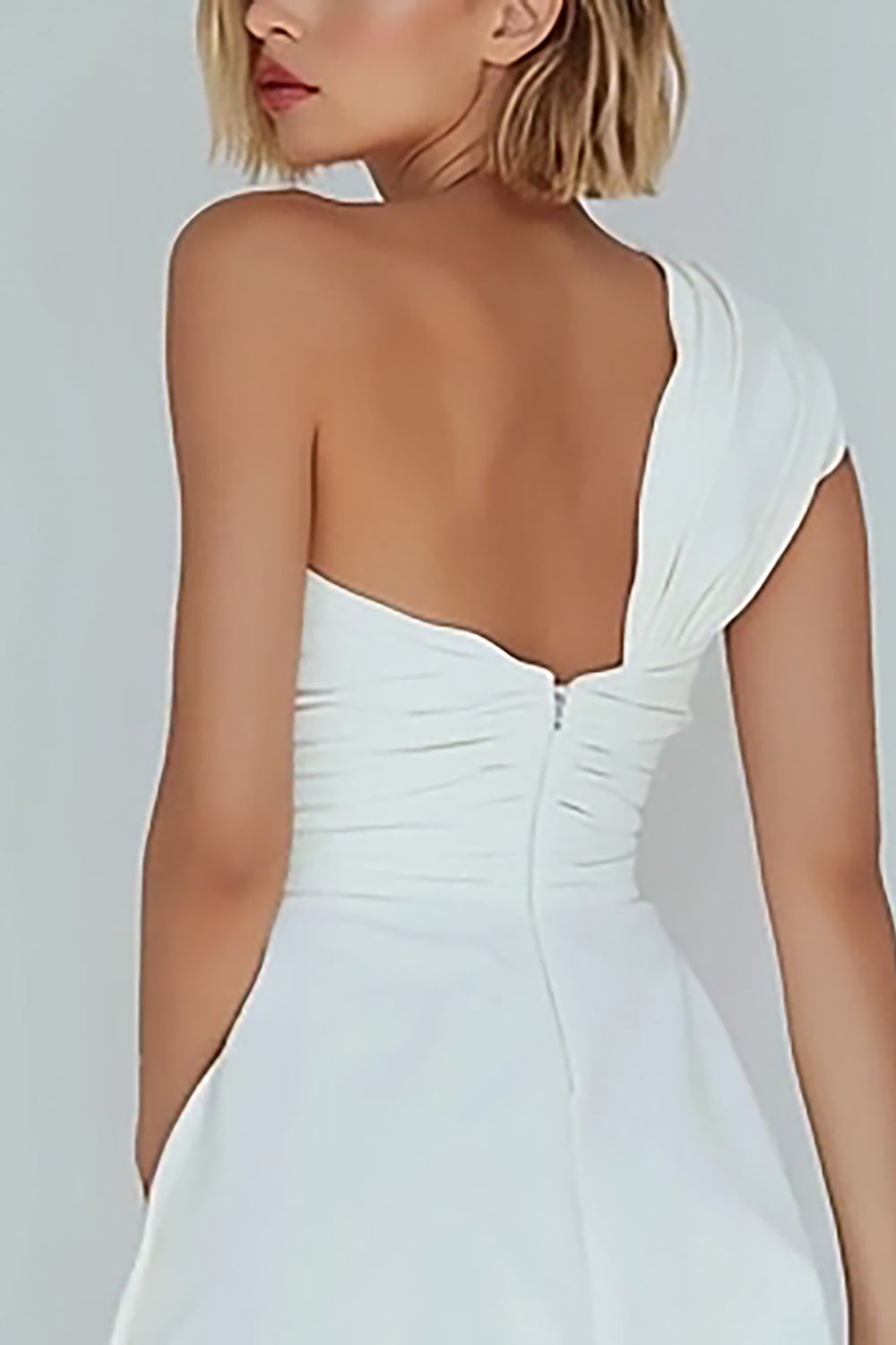 One Shoulder A-Line Ruched Little White Dress