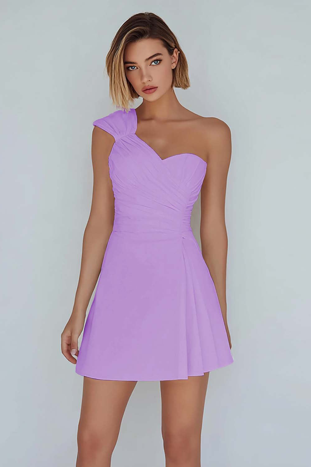 One Shoulder A-Line Ruched Little White Dress