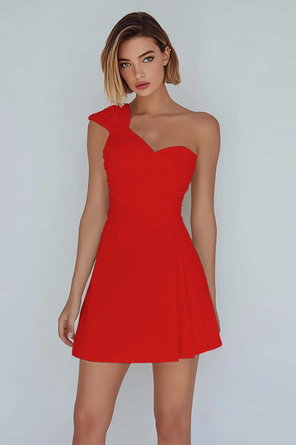 One Shoulder A-Line Ruched Little White Dress