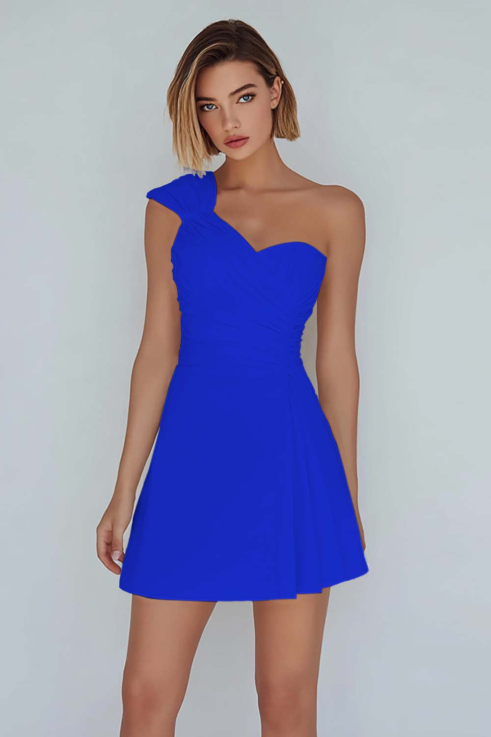 One Shoulder A-Line Ruched Little White Dress