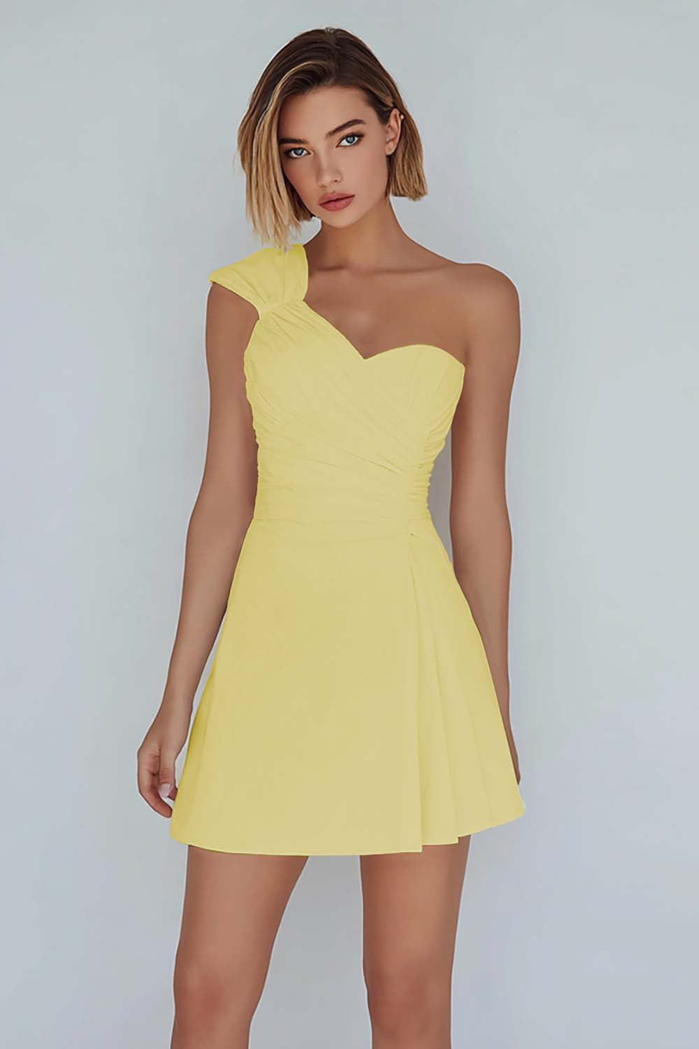 One Shoulder A-Line Ruched Little White Dress