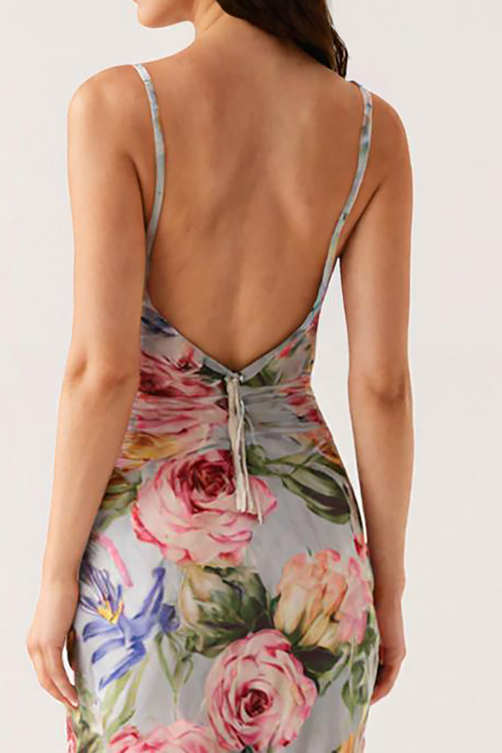 Grey Blue Floral Spaghetti Straps Mermaid Evening Dress