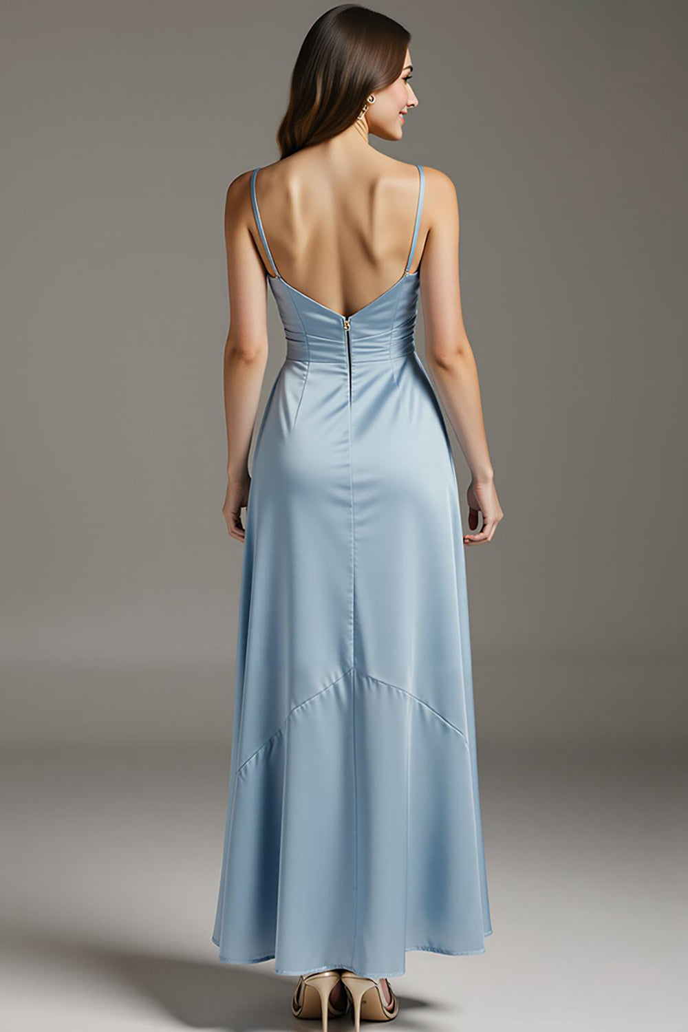 Sky Blue Spaghetti Straps Evening Dress with Ruffles