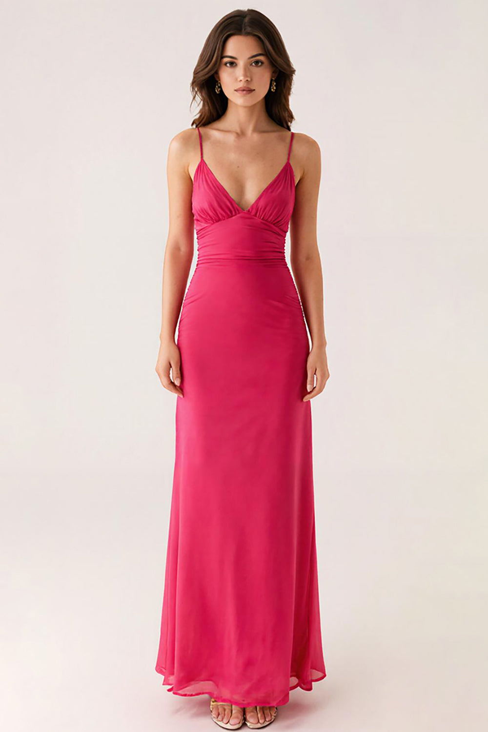 Fuchsia V-Neck Backless Long Evening Sheath Dress