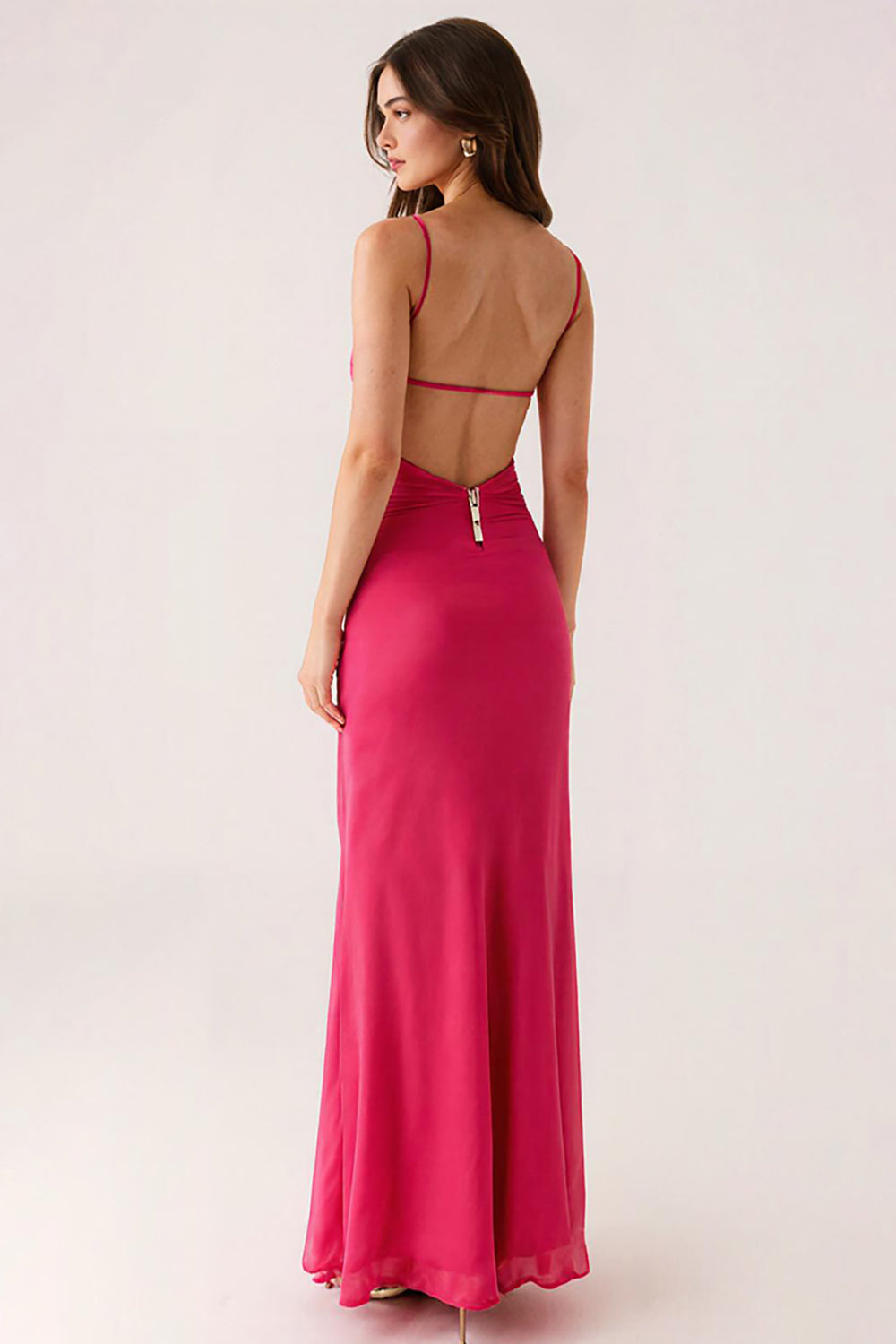 Fuchsia V-Neck Backless Long Evening Sheath Dress