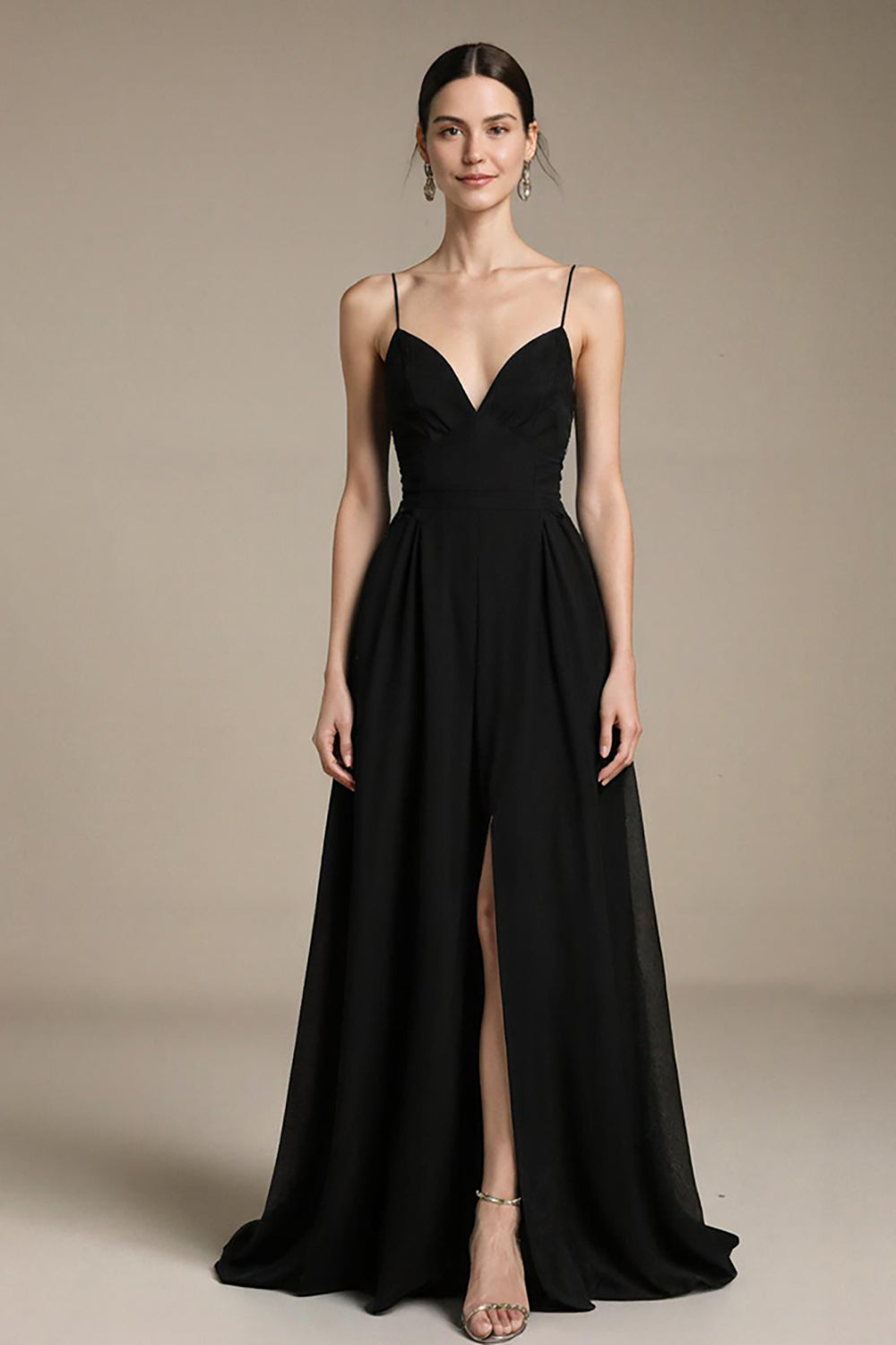 A-Line Black V-Neck Evening Dress with Slit