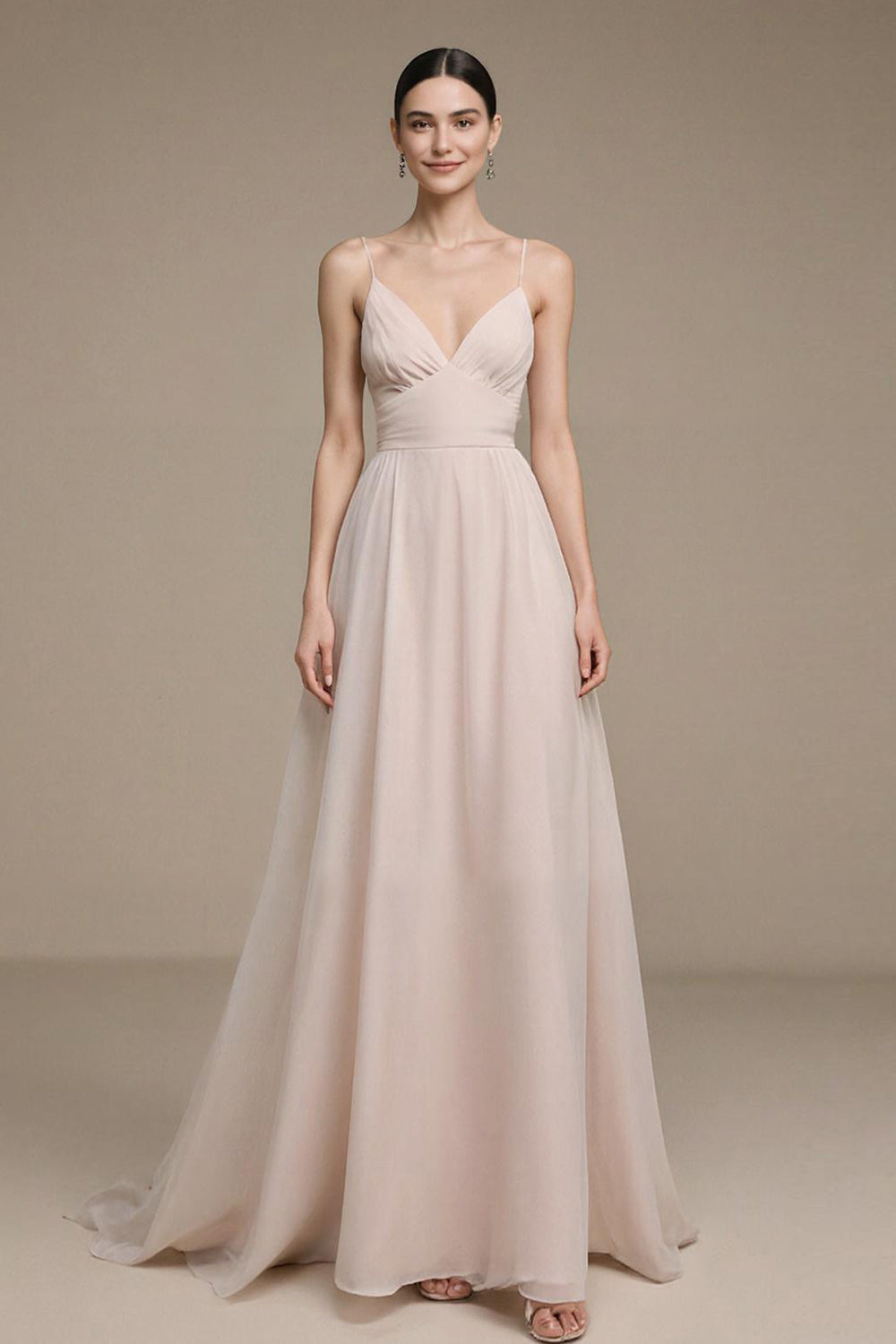 Simple Light Pink Long Prom Dress Spaghetti Straps A-Line Formal Dress