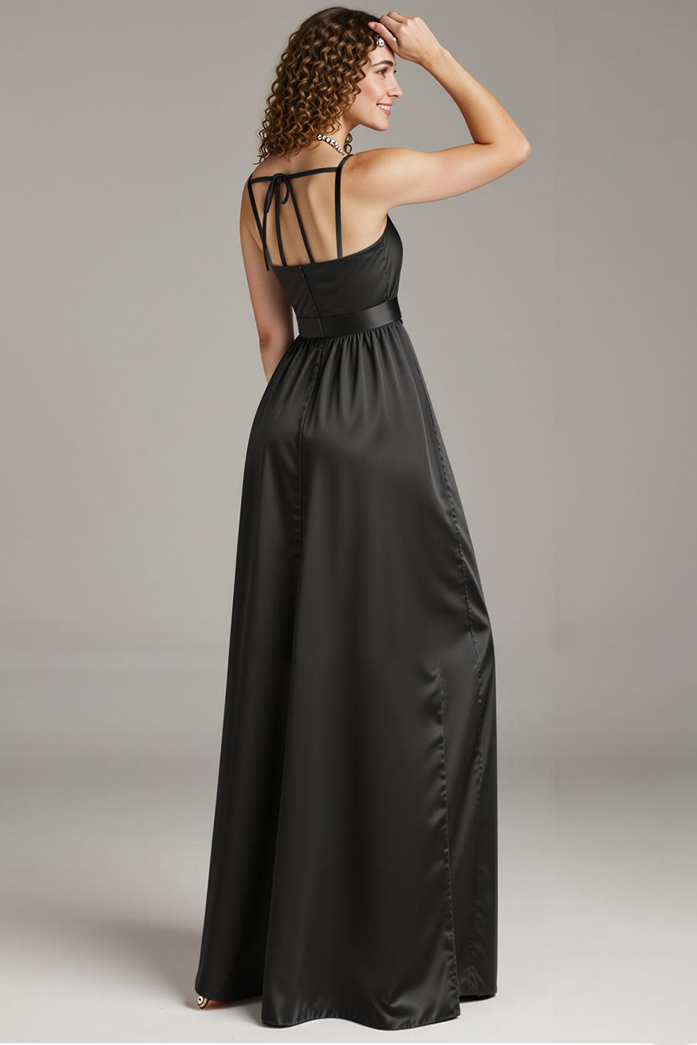 Black Satin Spaghetti Straps Sheath Long Formal Dress with Slit