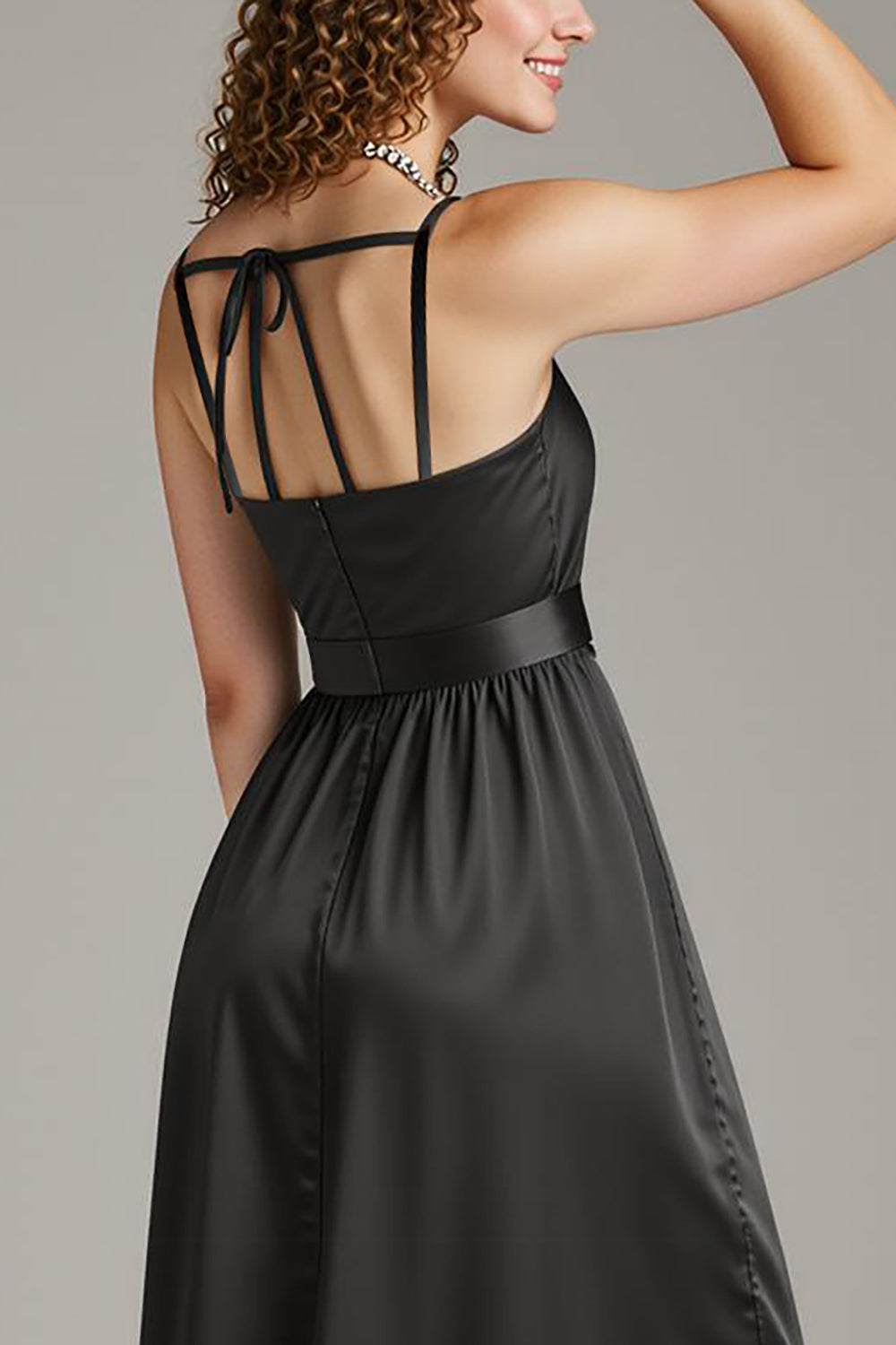 Black Satin Spaghetti Straps Sheath Long Formal Dress with Slit