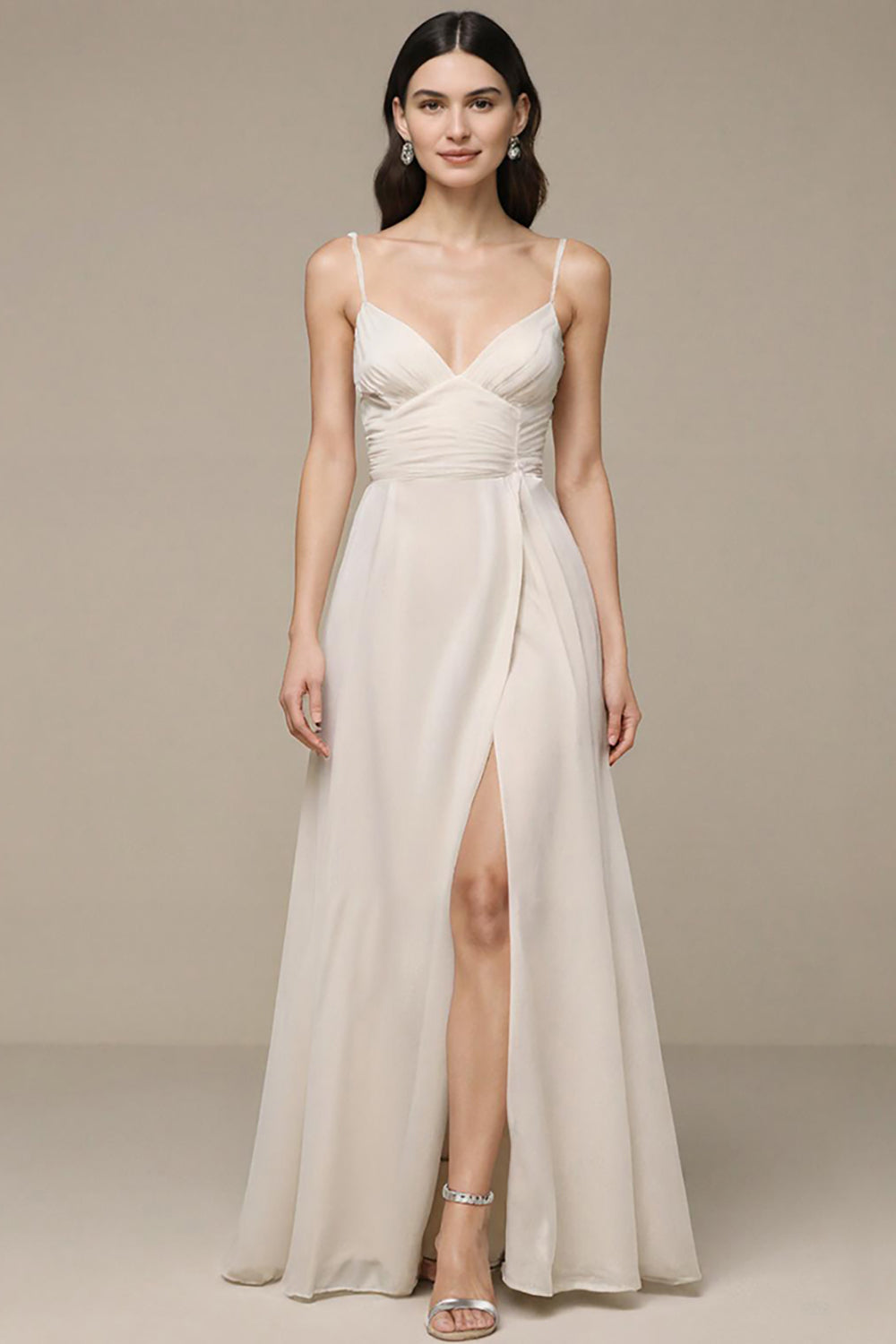 Ivory Chiffon A Line Spaghetti Straps Corset Long Prom Dress with Slit