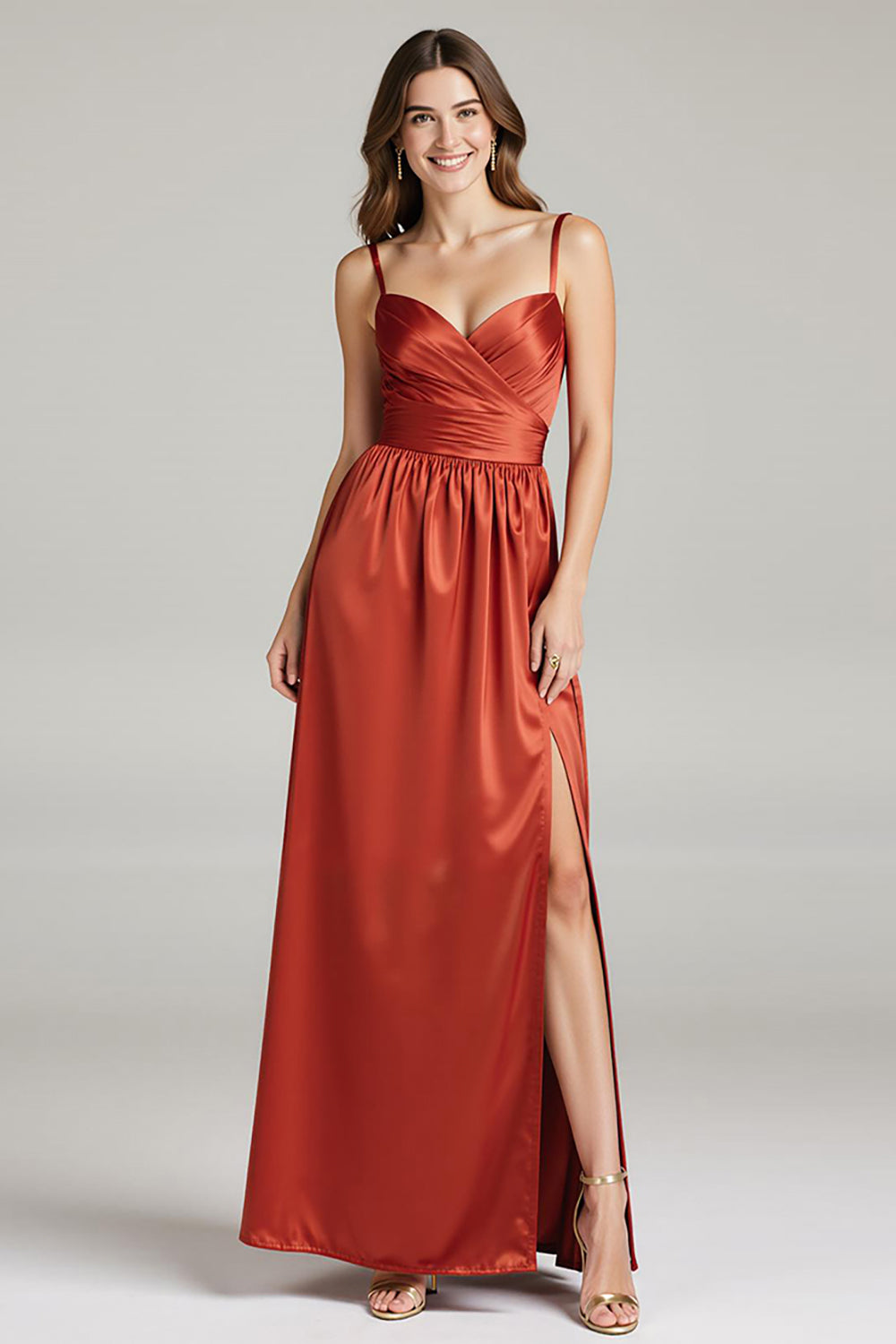 Burunt Orange Spaghetti Straps Ruched Long Formal Dress with Slit