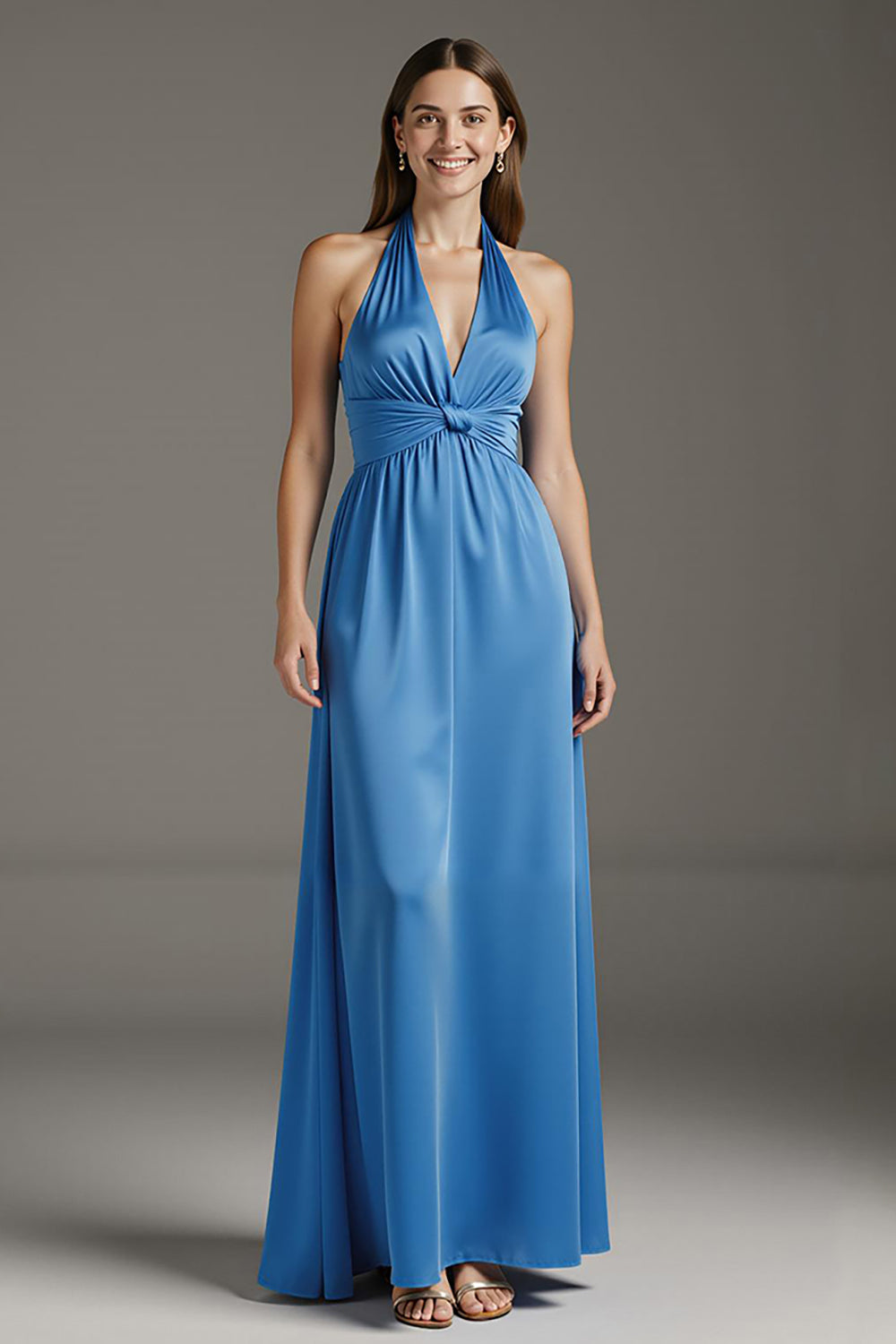 Lake Blue A-Line Satin Long Formal Dress