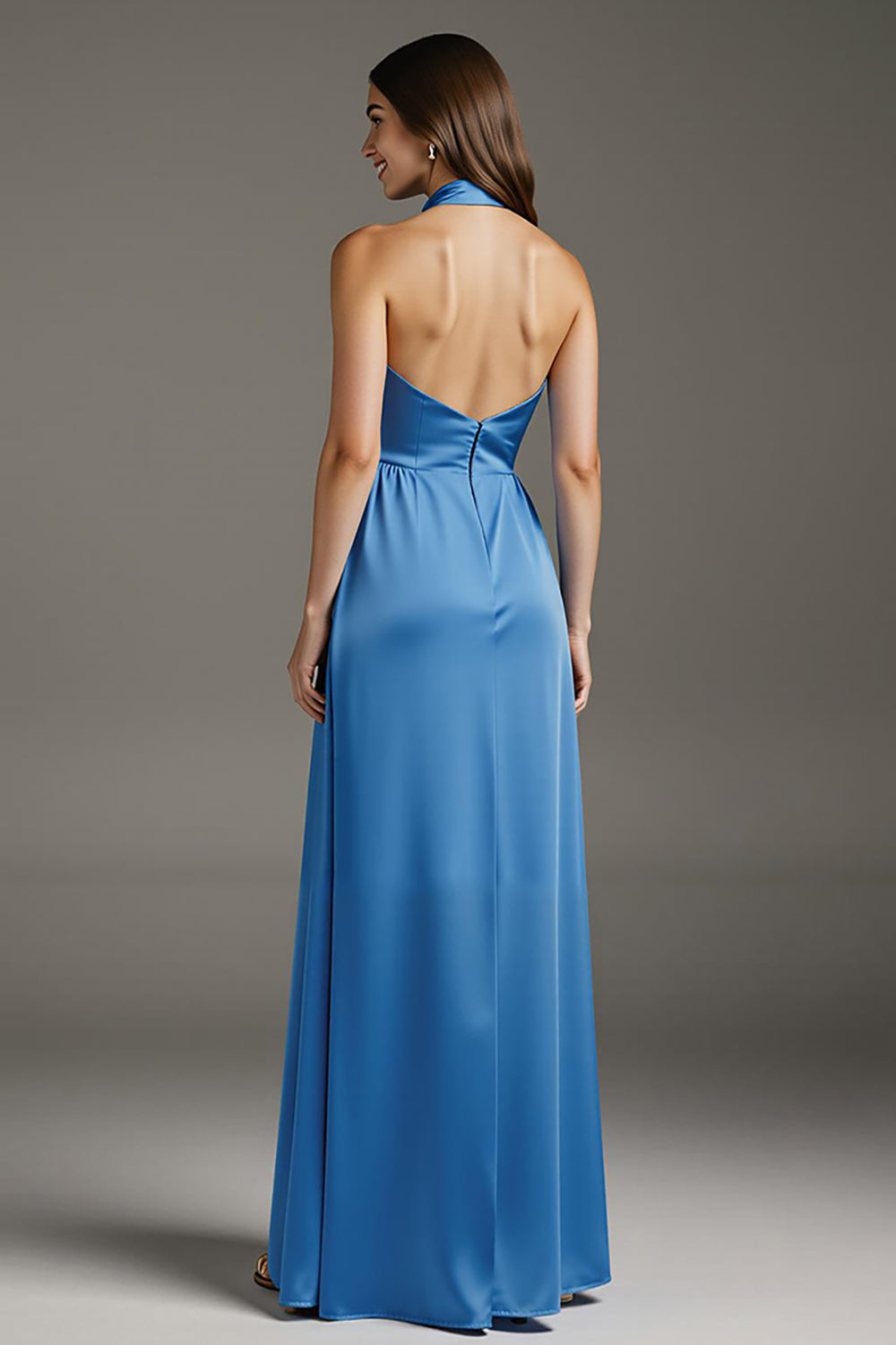Lake Blue A-Line Satin Long Formal Dress