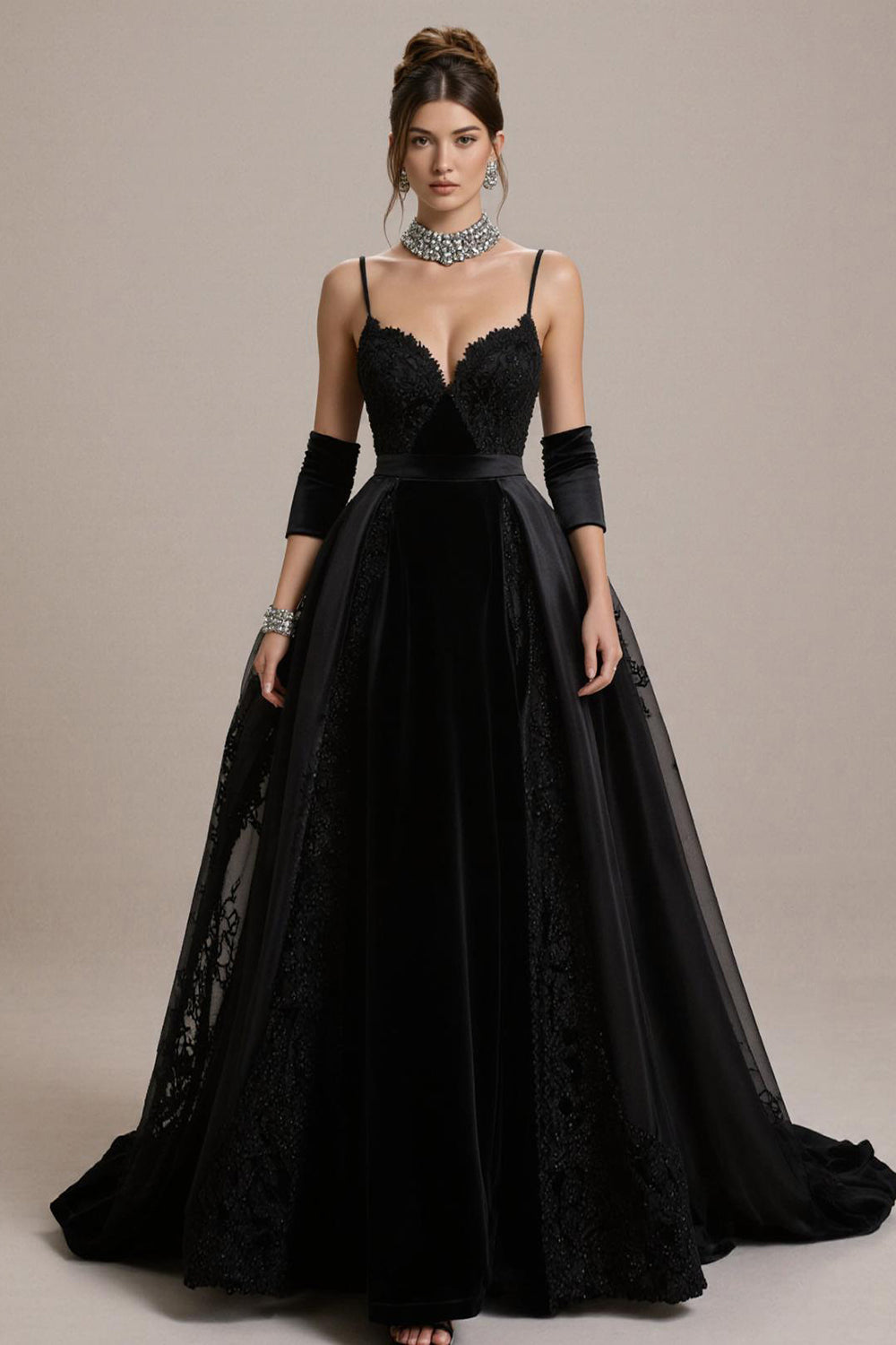 Black Lace Appliqued A-Line Pageant Dress