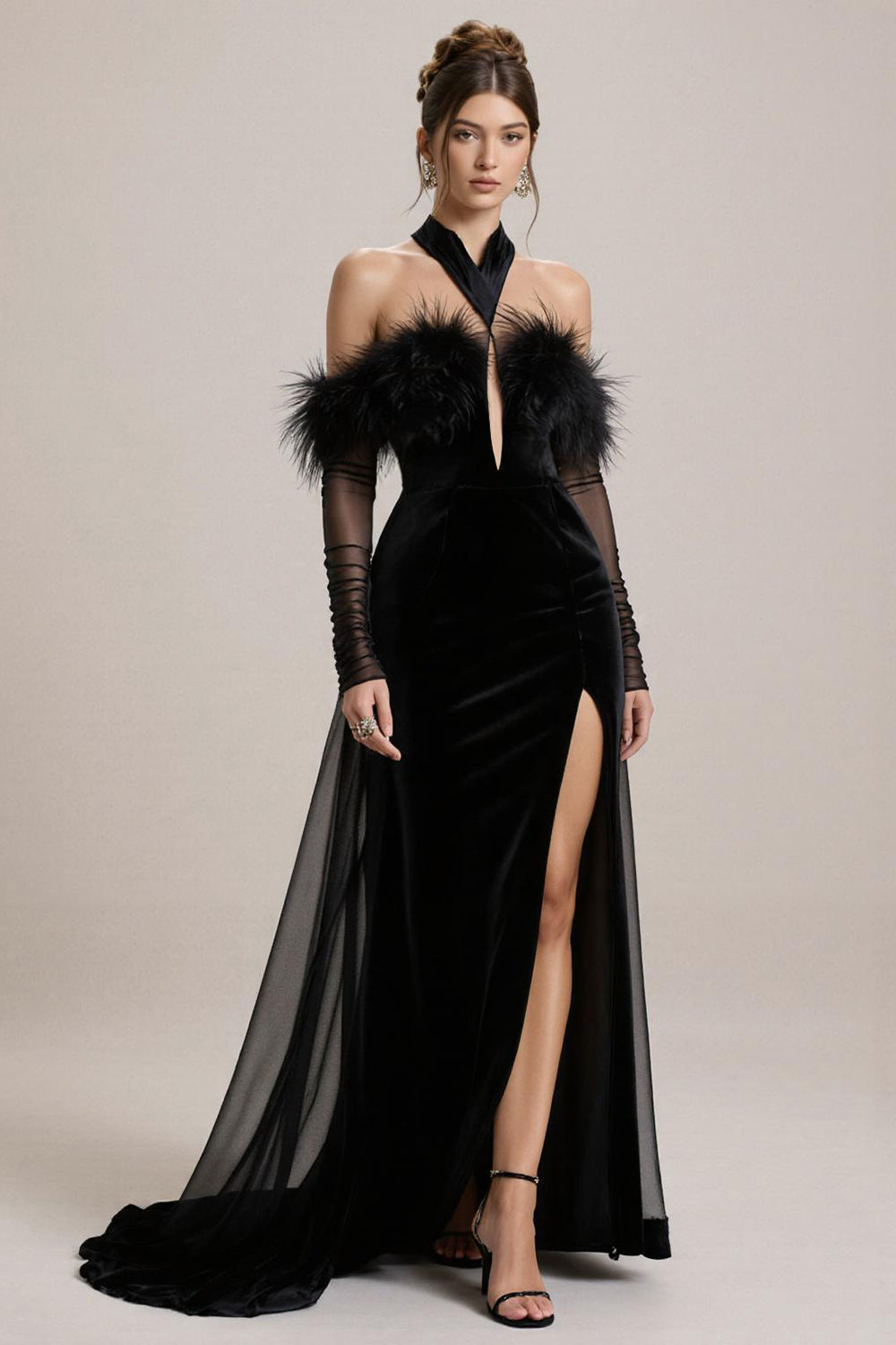Black Cold Shoulder Velvet Pageant Dress with Slit