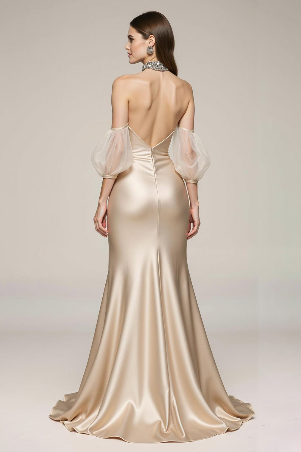 Champagne Mermaid Cold Shoulder Pageant Dress with Slit