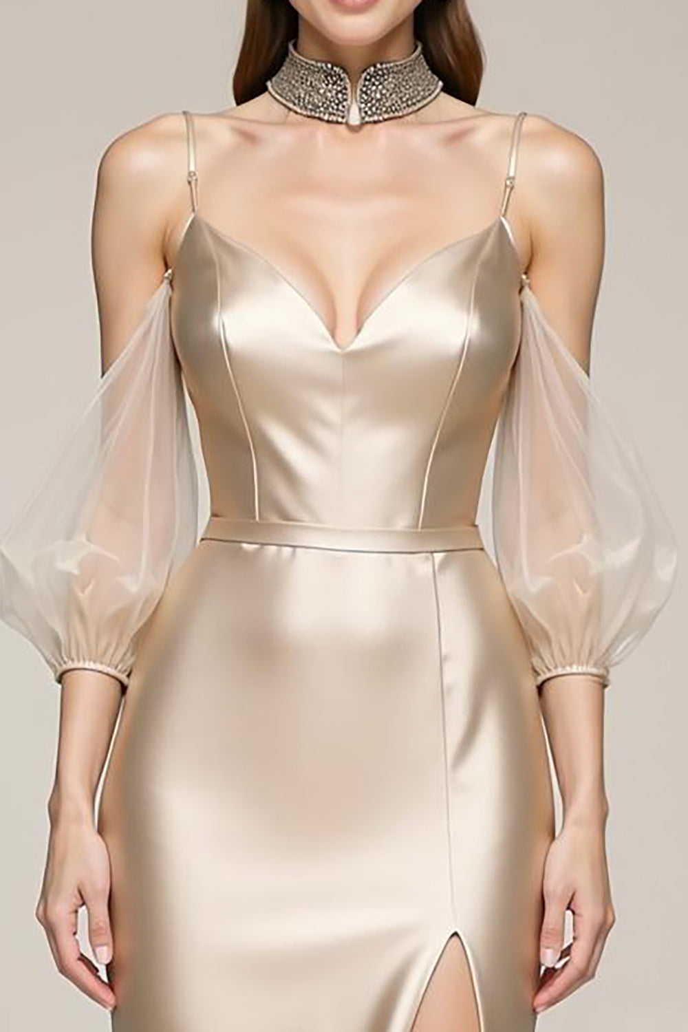 Champagne Mermaid Cold Shoulder Pageant Dress with Slit